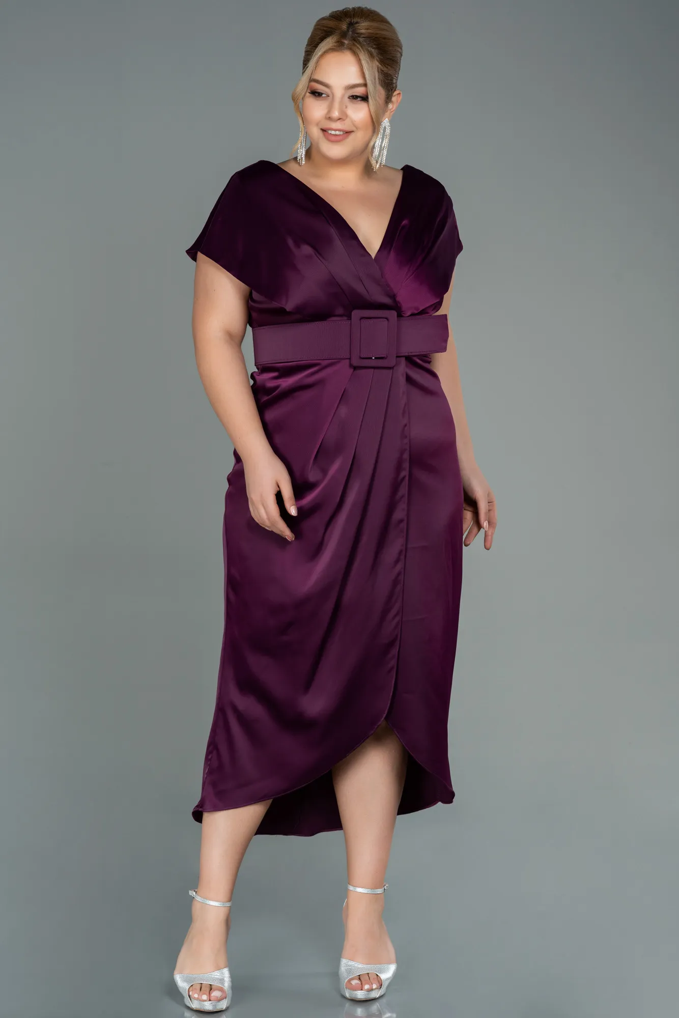 Fuchsia-Midi Satin Plus Size Evening Dress ABK1499