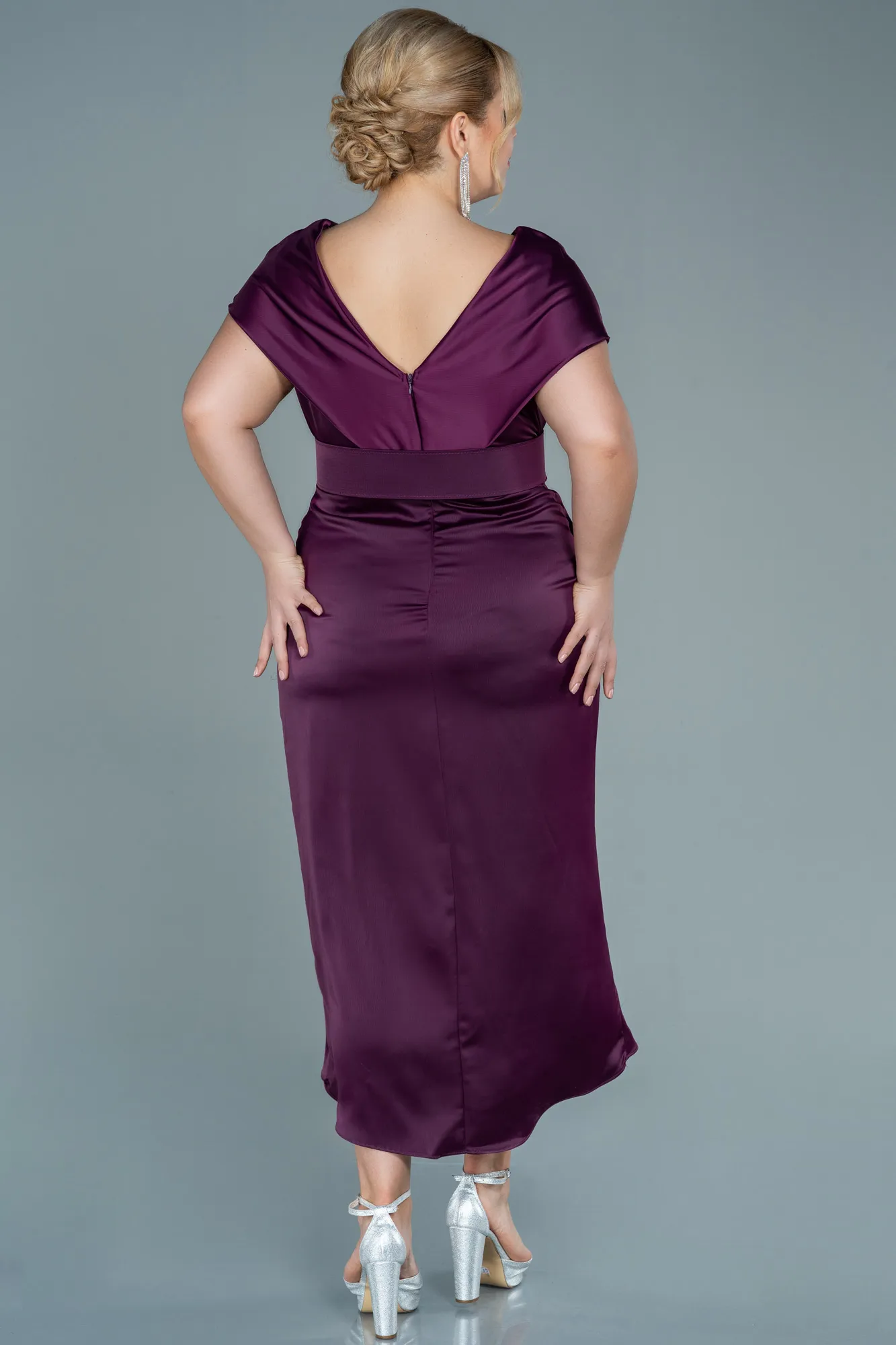 Fuchsia-Midi Satin Plus Size Evening Dress ABK1499