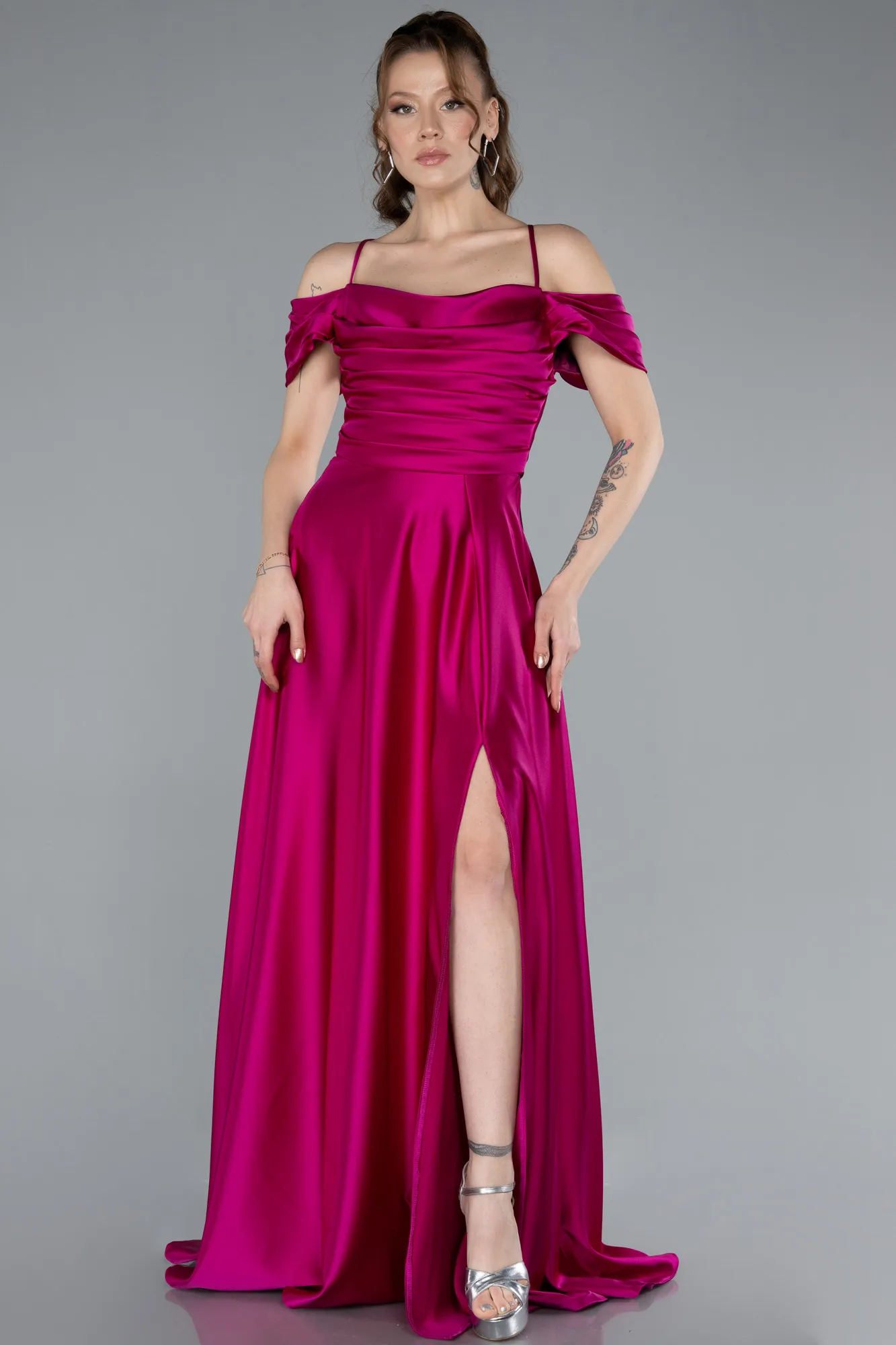 Fuchsia-Off The Shoulder Slit Long Satin Prom Dress ABU4703