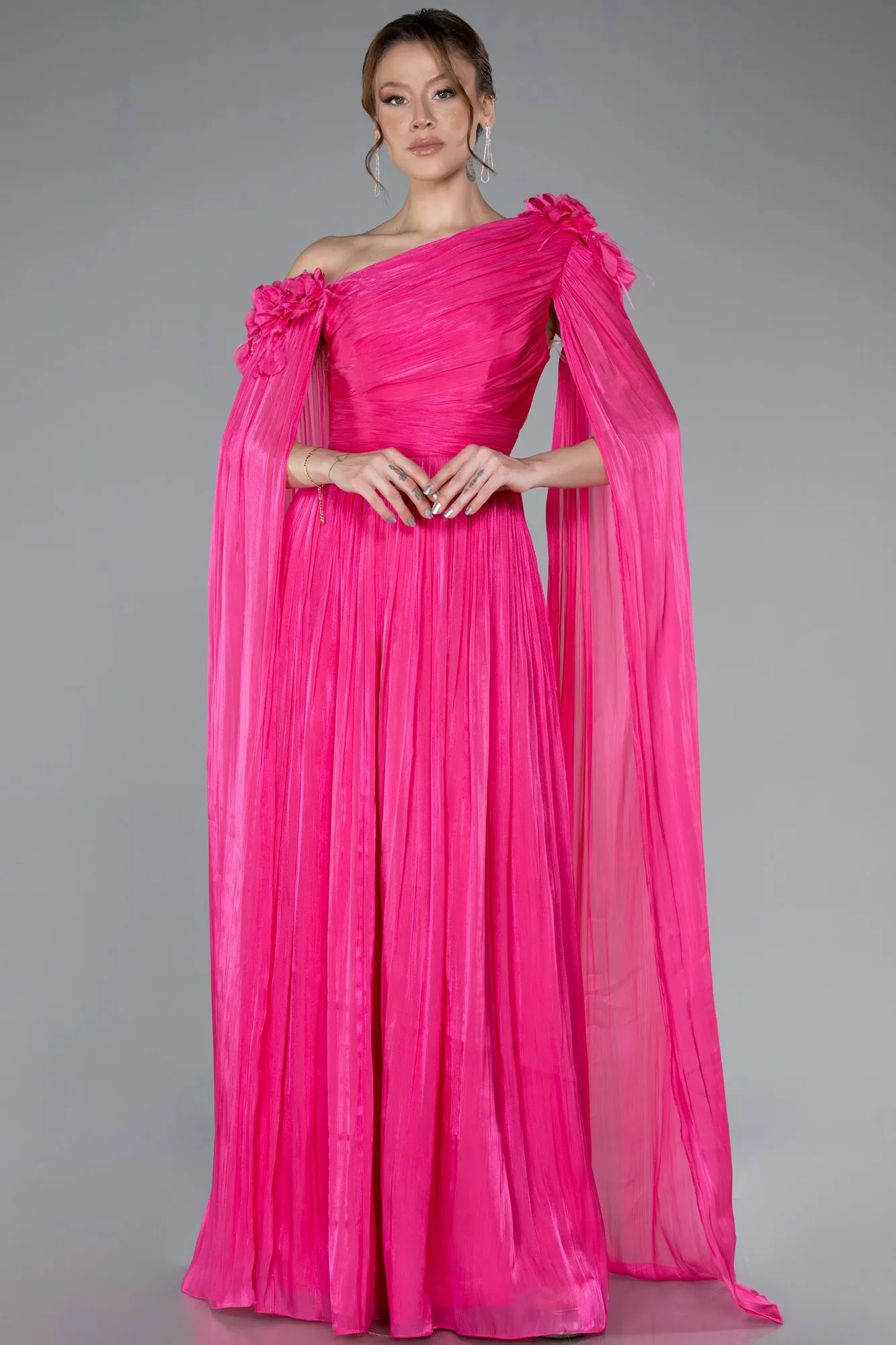 Fuchsia-One Shoulder Shawl Sleeve Long Chiffon Evening Dress ABU4809