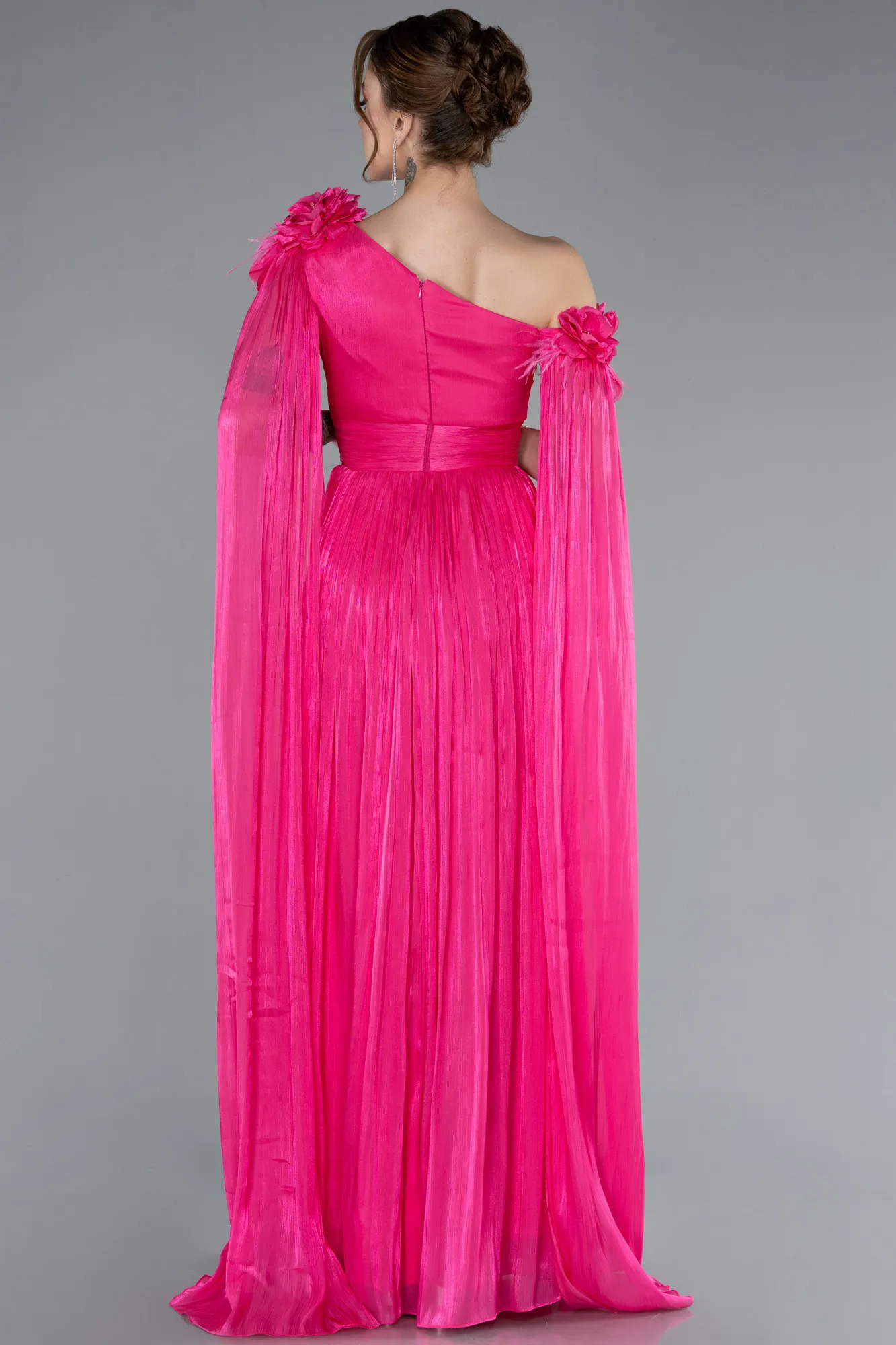 Fuchsia-One Shoulder Shawl Sleeve Long Chiffon Evening Dress ABU4809