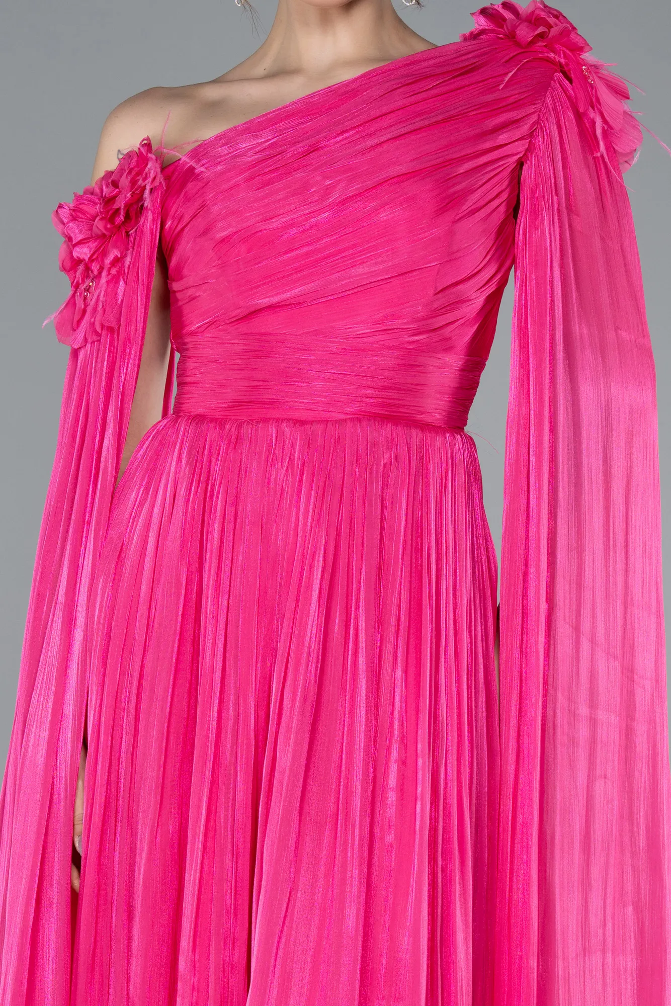 Fuchsia-One Shoulder Shawl Sleeve Long Chiffon Evening Dress ABU4809