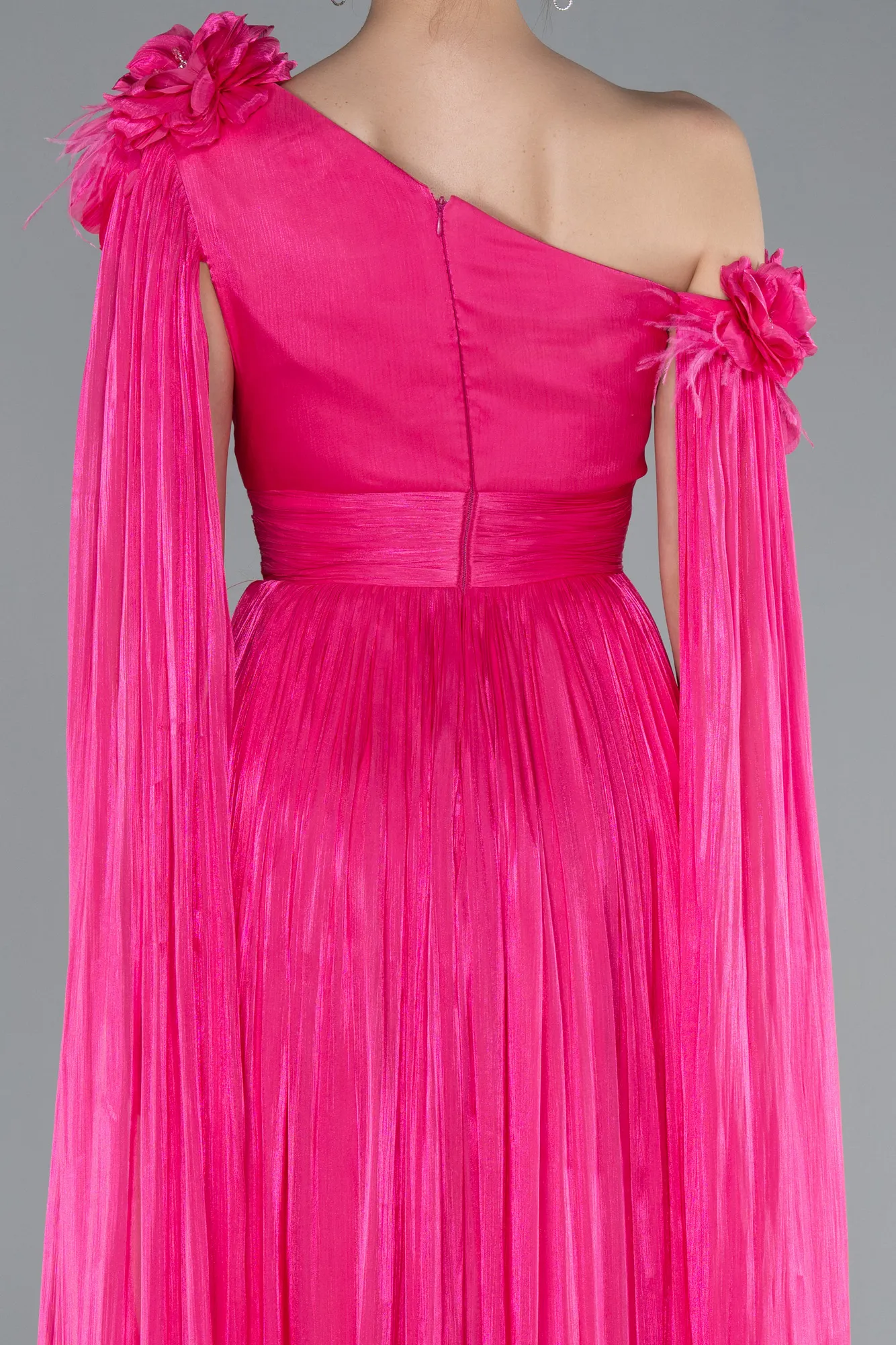 Fuchsia-One Shoulder Shawl Sleeve Long Chiffon Evening Dress ABU4809