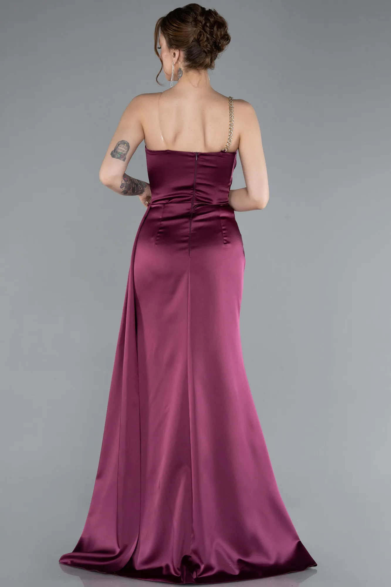 Fuchsia-One Shoulder Slit Long Satin Evening Dress ABU4802