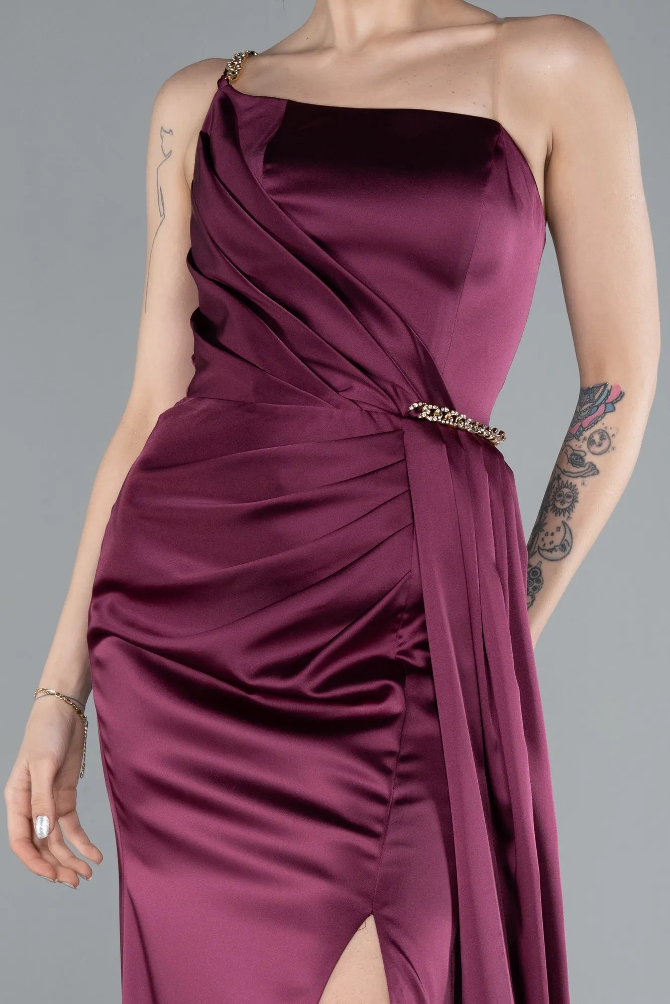 Fuchsia-One Shoulder Slit Long Satin Evening Dress ABU4802