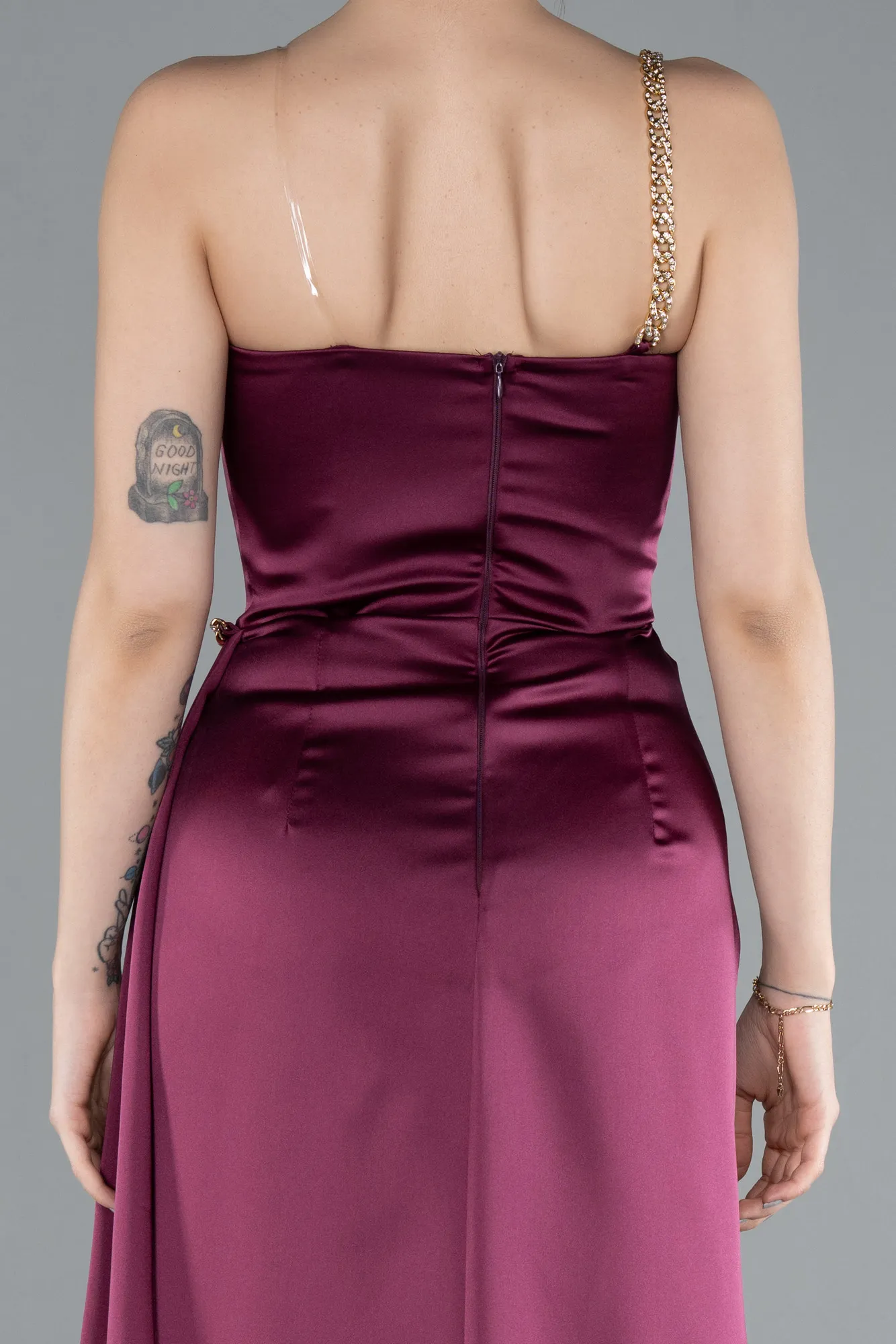 Fuchsia-One Shoulder Slit Long Satin Evening Dress ABU4802