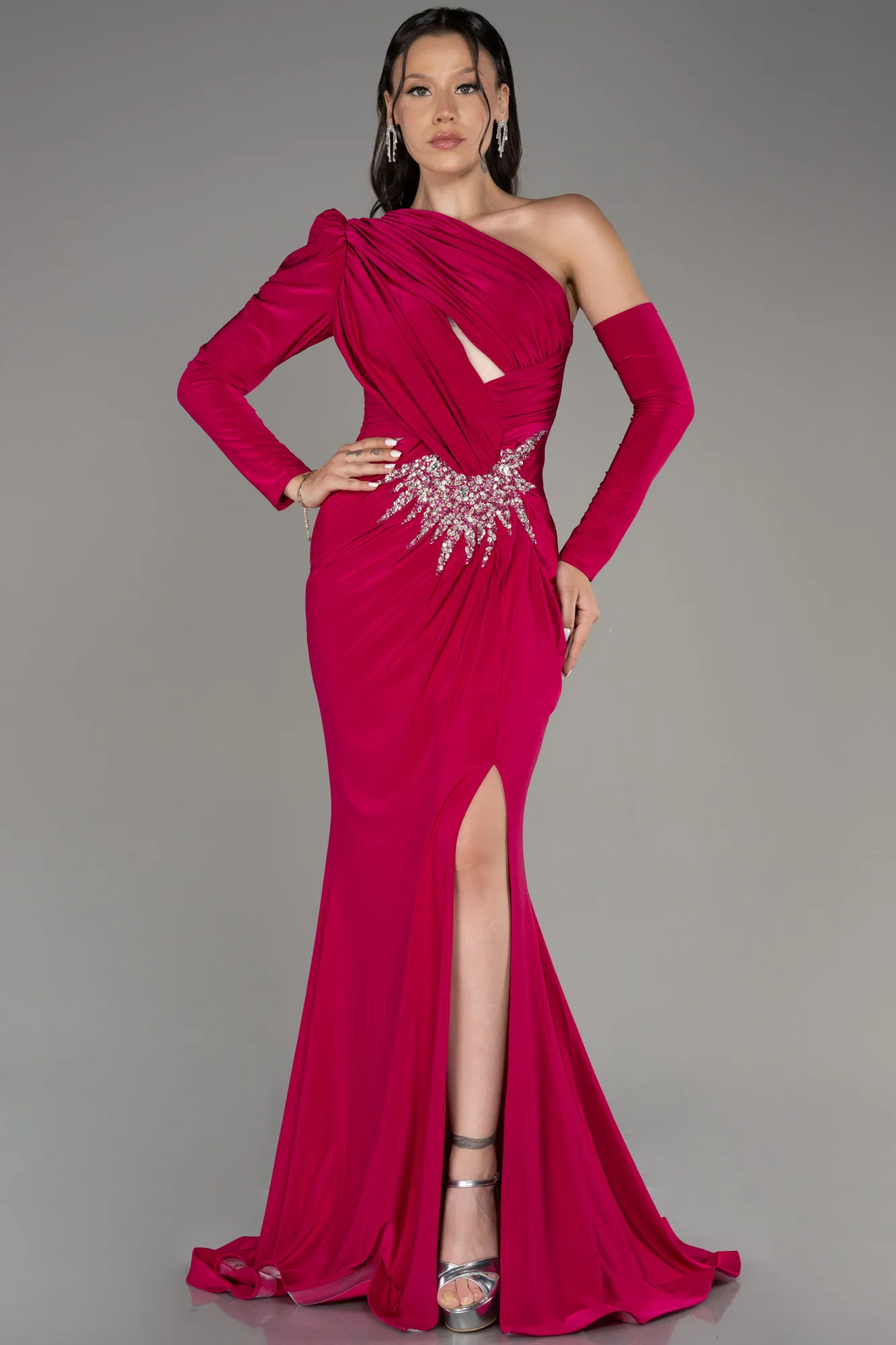 Fuchsia-One Sleeve Long Evening Dress ABU3851
