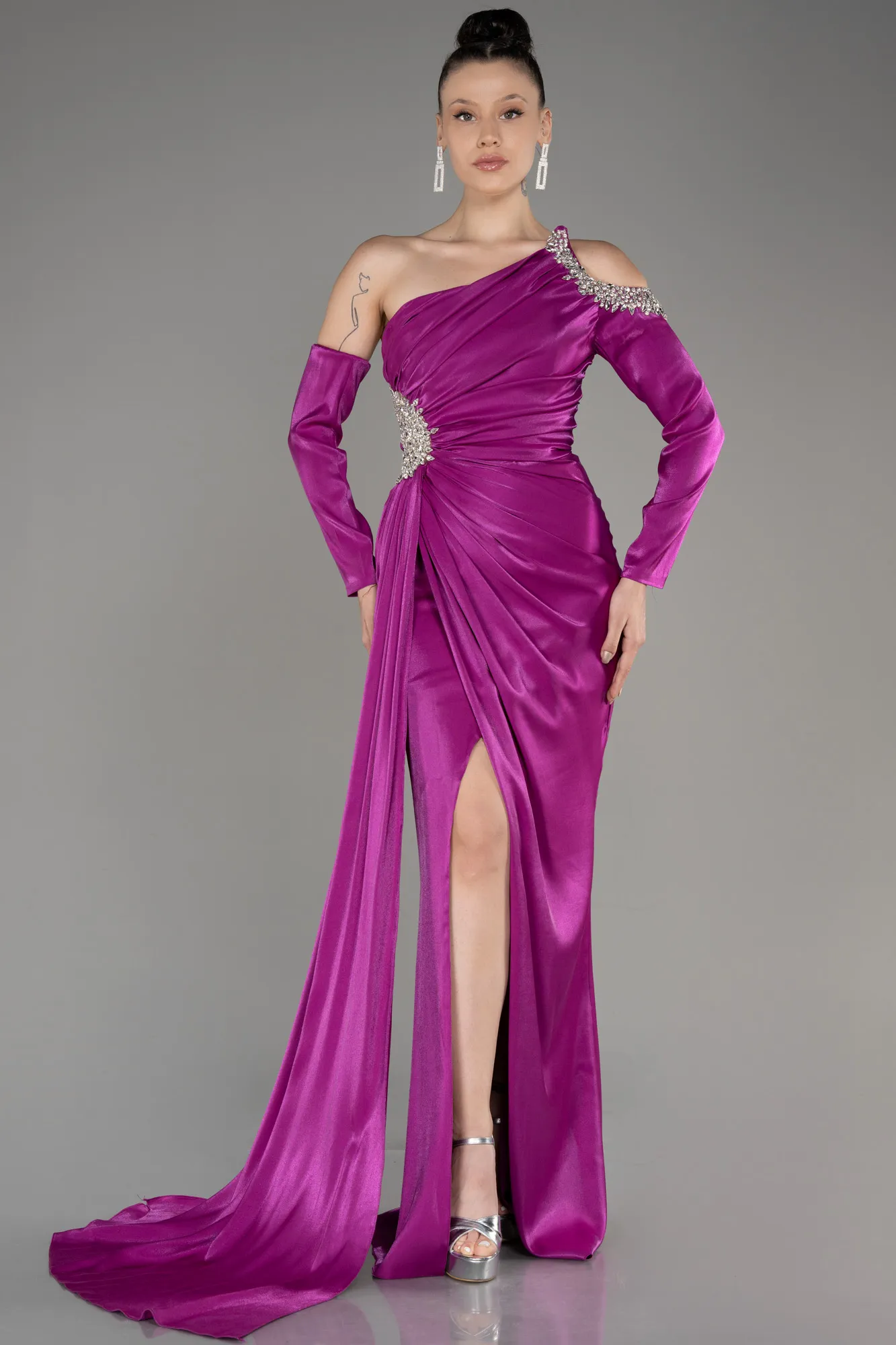 Fuchsia-One Sleeve Long Formal Evening Dress ABU3976