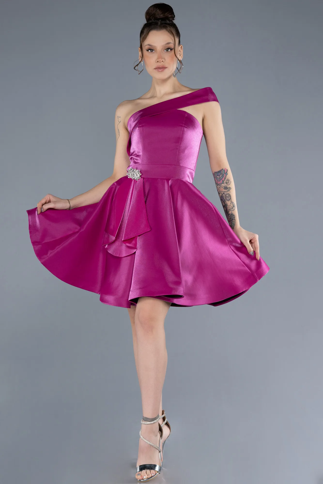 Fuchsia-Short Satin Cocktail Dress ABK2237