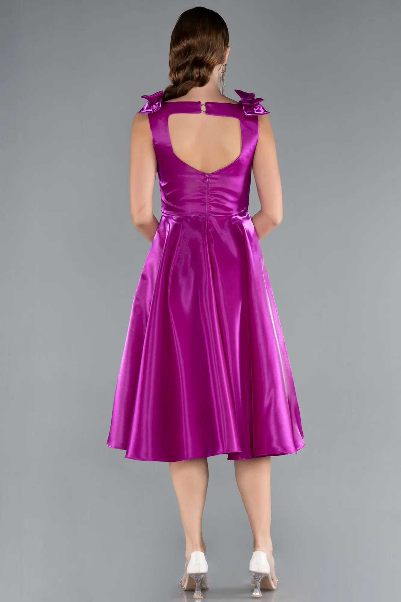 Fuchsia-Sleeveless Square Neck Midi Satin Party Dress ABK2285