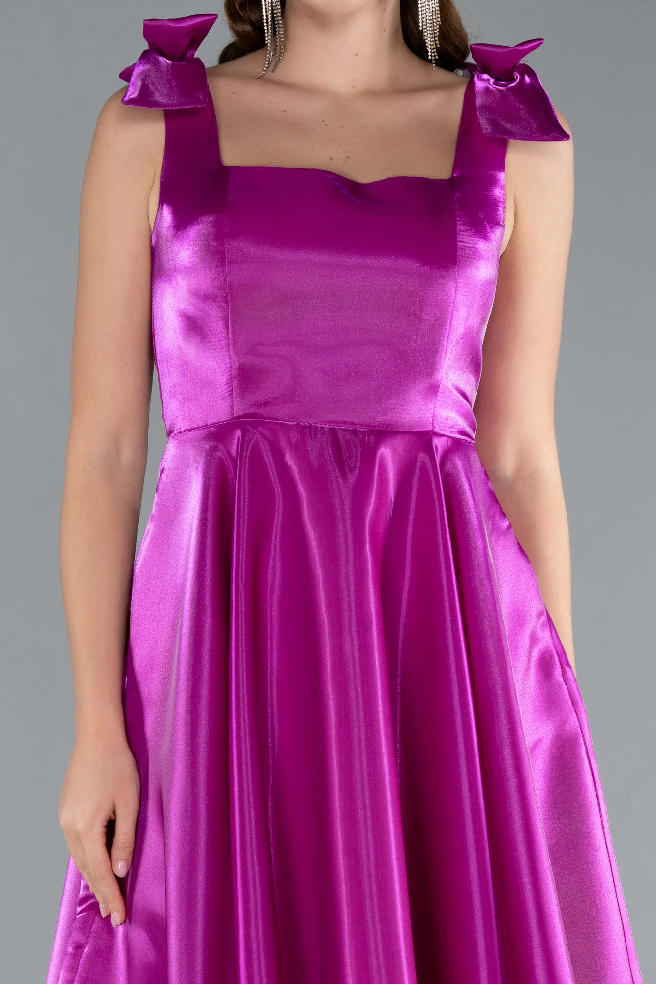 Fuchsia-Sleeveless Square Neck Midi Satin Party Dress ABK2285
