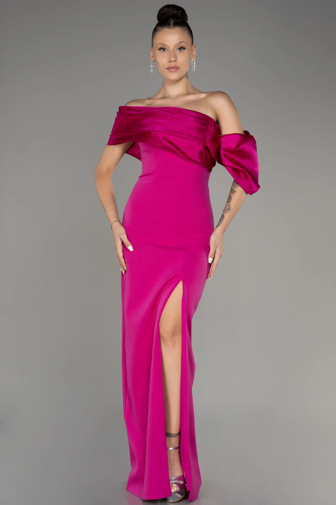 Fuchsia-Off Shoulder Satin Drape Slit Evening Gown ABU4024