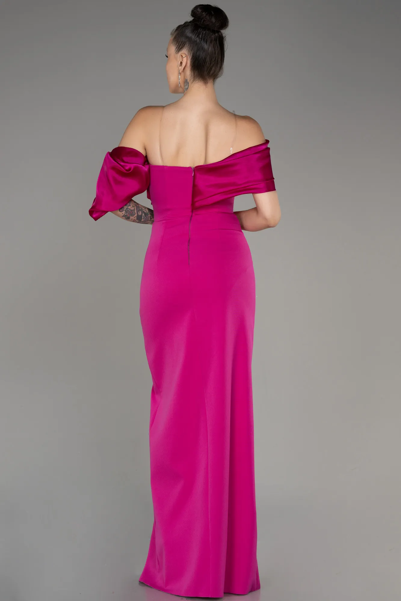 Fuchsia-Off Shoulder Satin Drape Slit Evening Gown ABU4024
