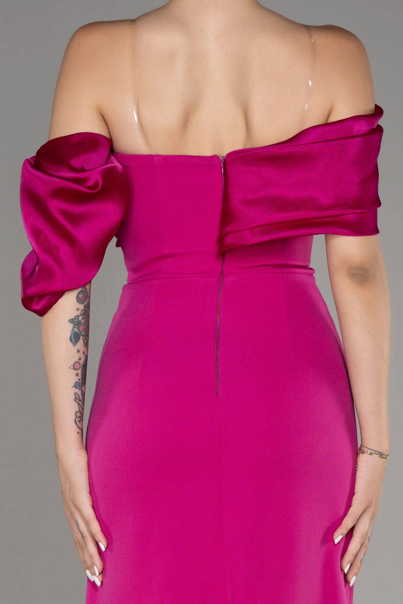 Fuchsia-Off Shoulder Satin Drape Slit Evening Gown ABU4024