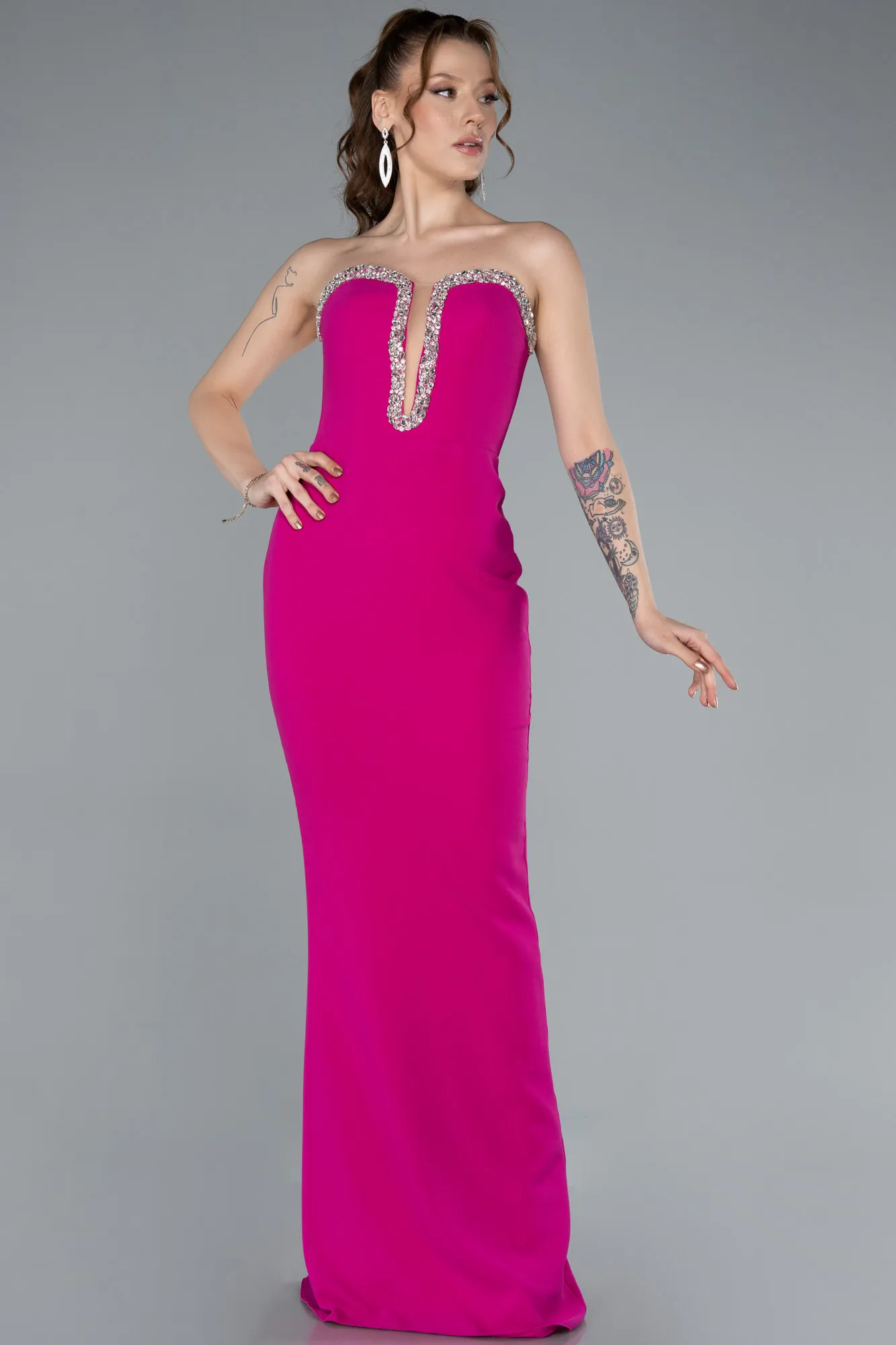 Fuchsia-Stoned Strapless Neck Long Mermaid Evening Gown ABU4687