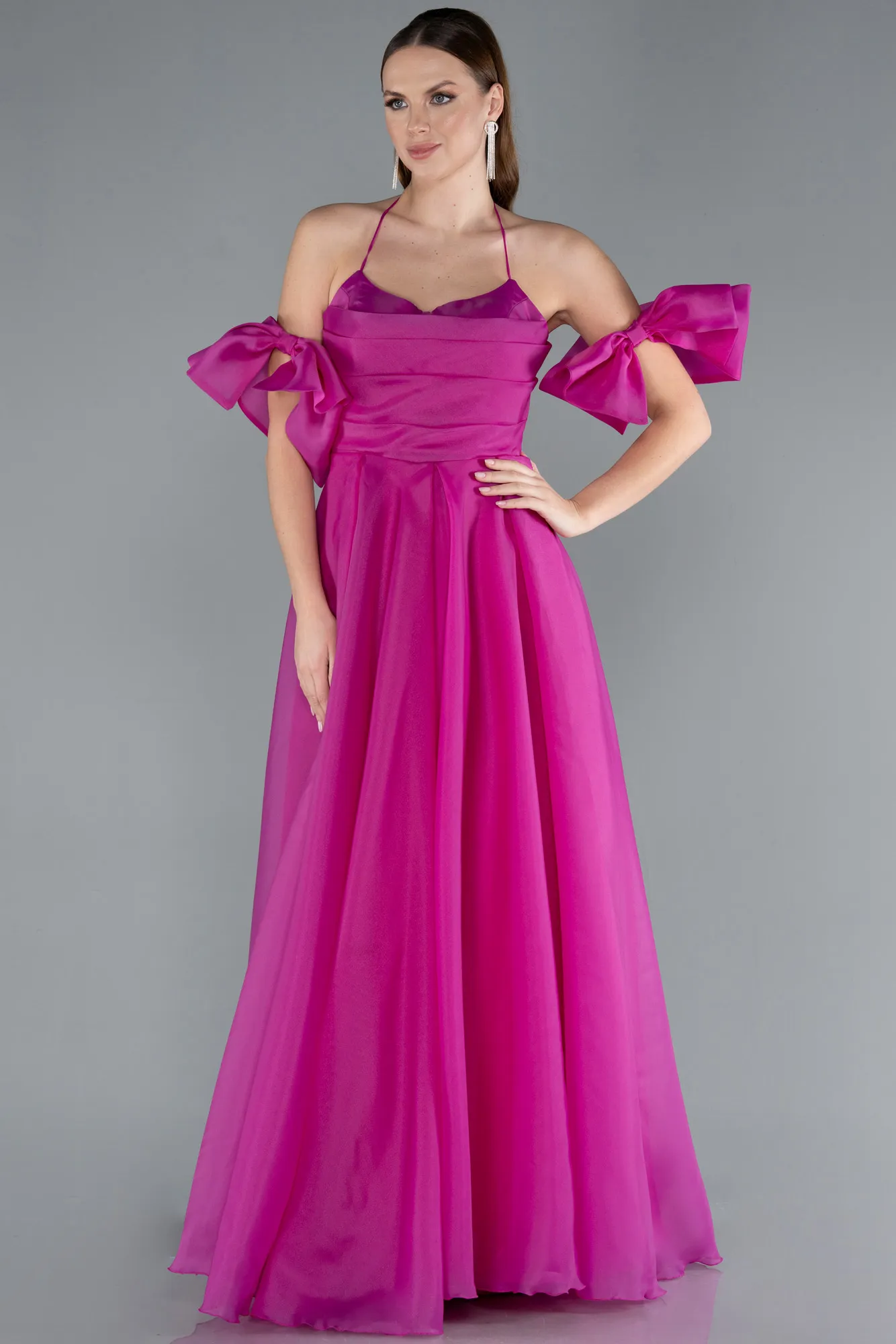 Fuchsia-Strap Puff Sleeve Detail Long Prom Dress ABU4773