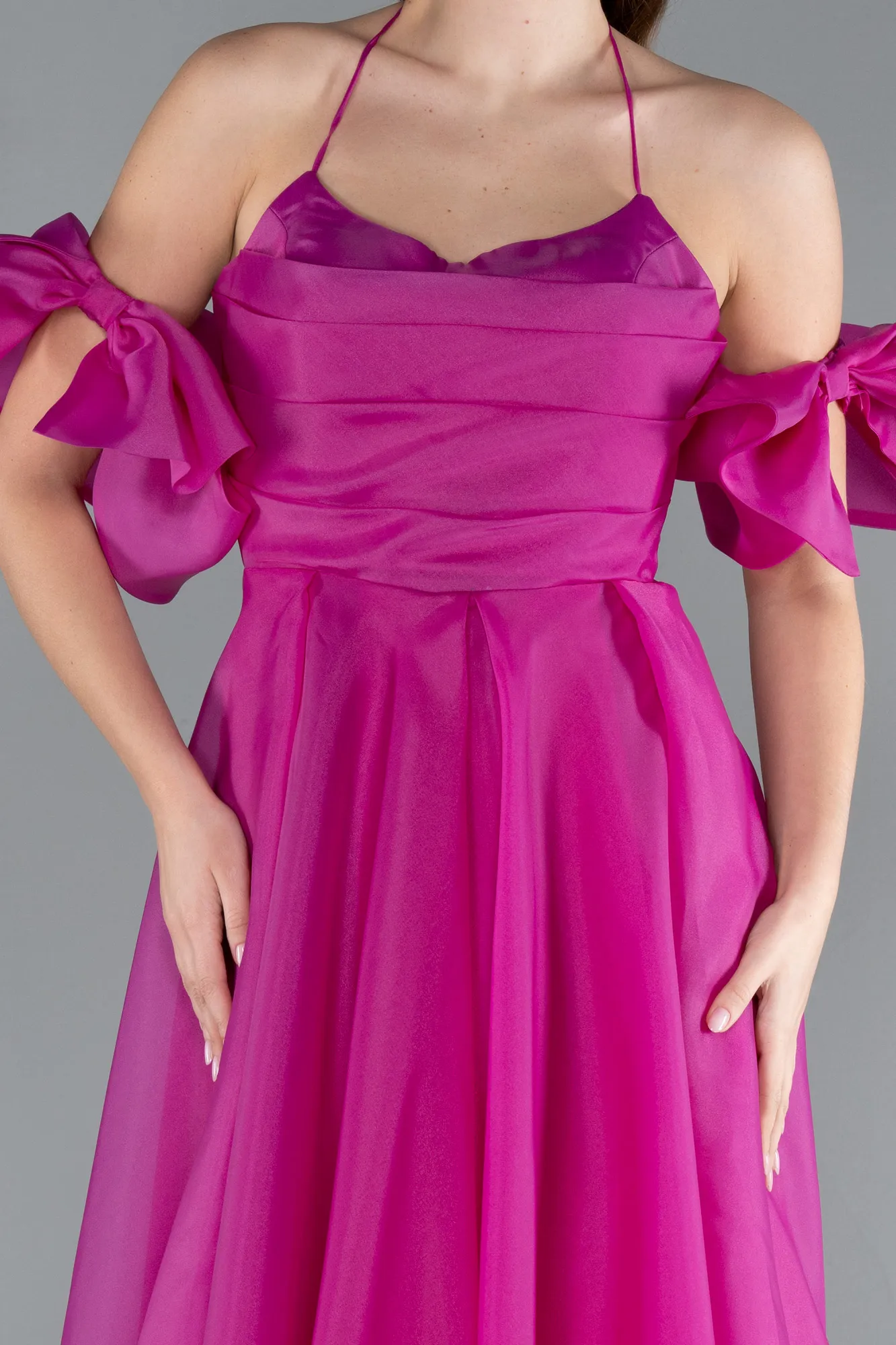 Fuchsia-Strap Puff Sleeve Detail Long Prom Dress ABU4773