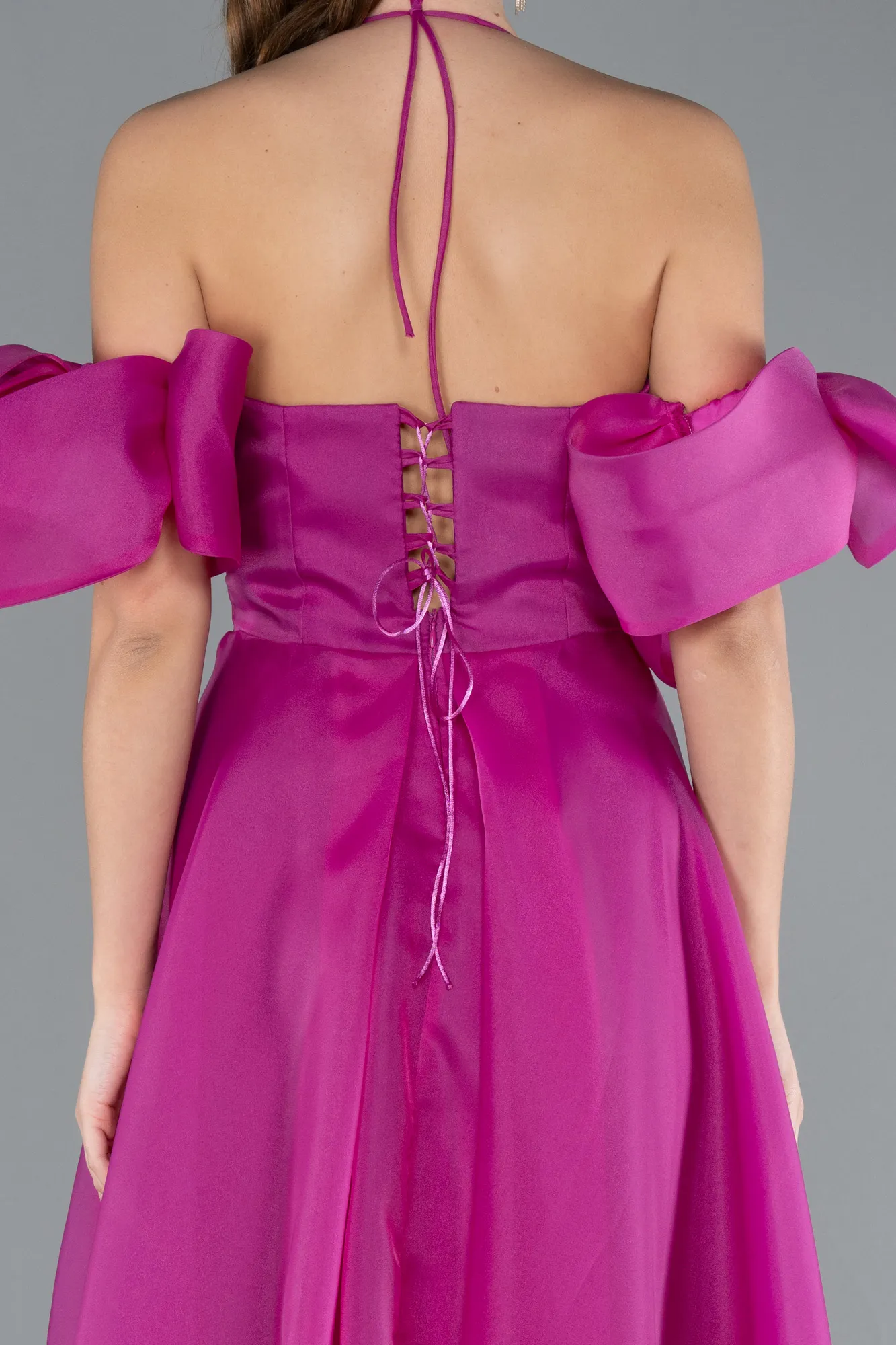 Fuchsia-Strap Puff Sleeve Detail Long Prom Dress ABU4773