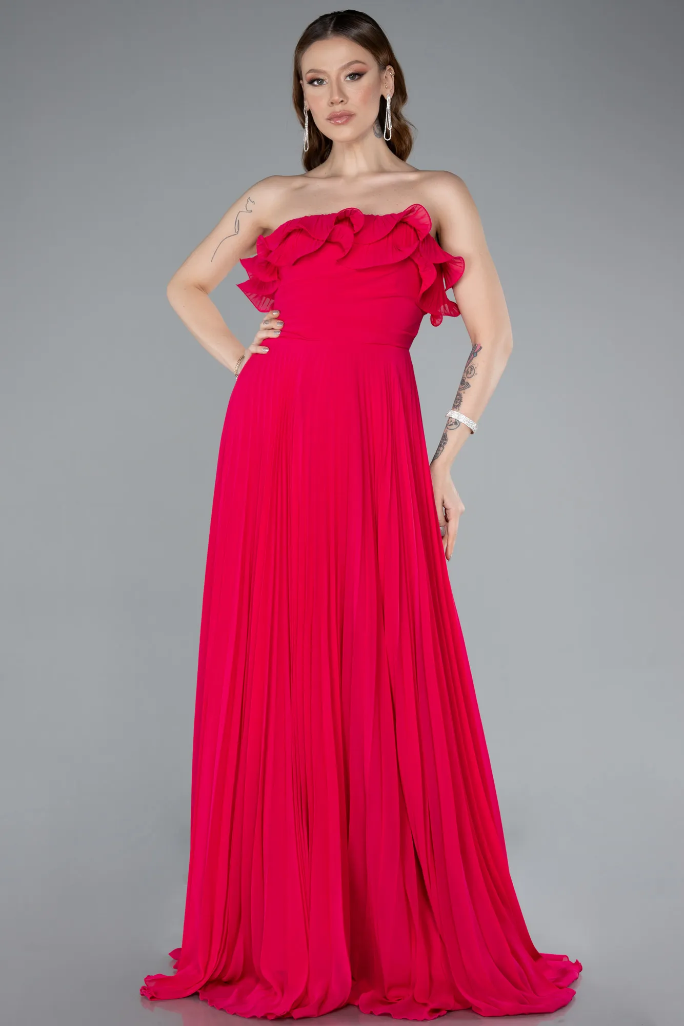 Fuchsia-Strapless Long Chiffon Prom Gown ABU4866