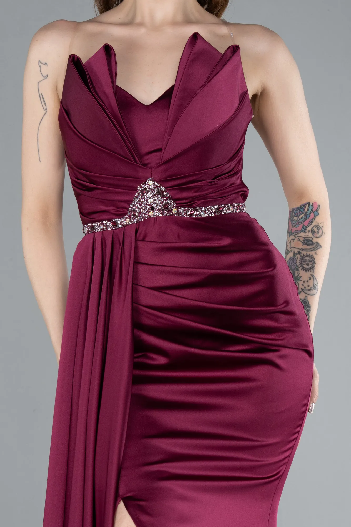 Fuchsia-Strapless Long Satin Mermaid Prom Dress ABU4840