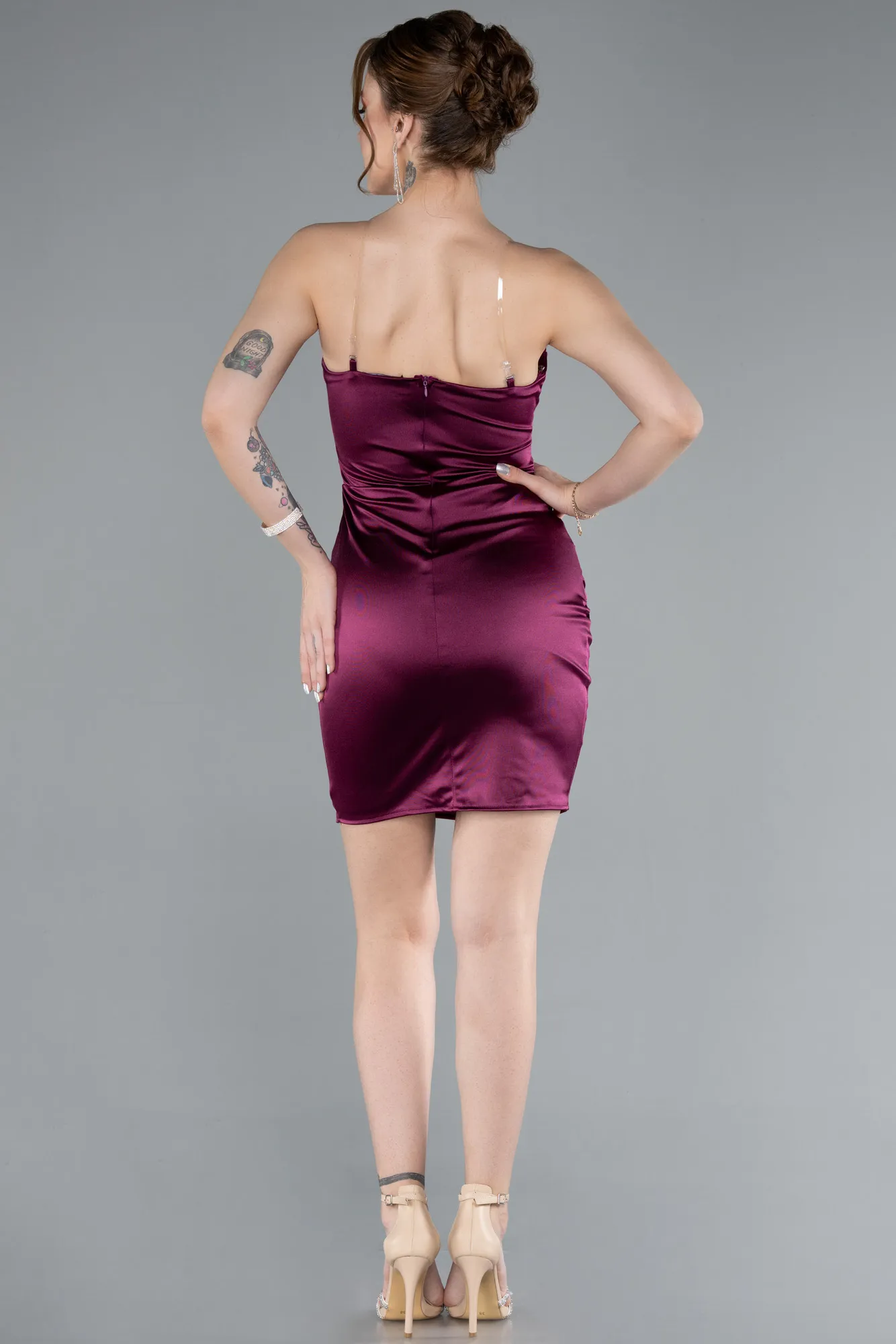 Fuchsia-Strapless Neck Mini Satin Party Dress ABK2289