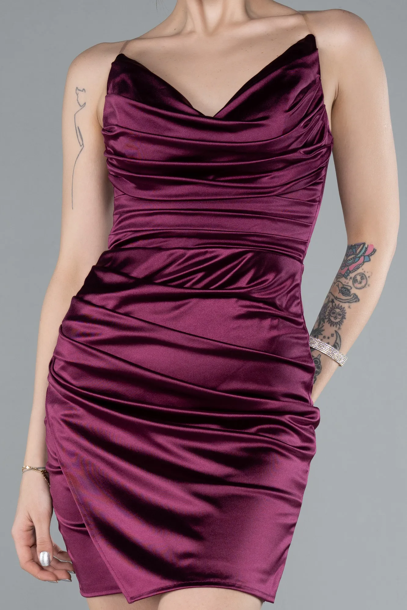 Fuchsia-Strapless Neck Mini Satin Party Dress ABK2289