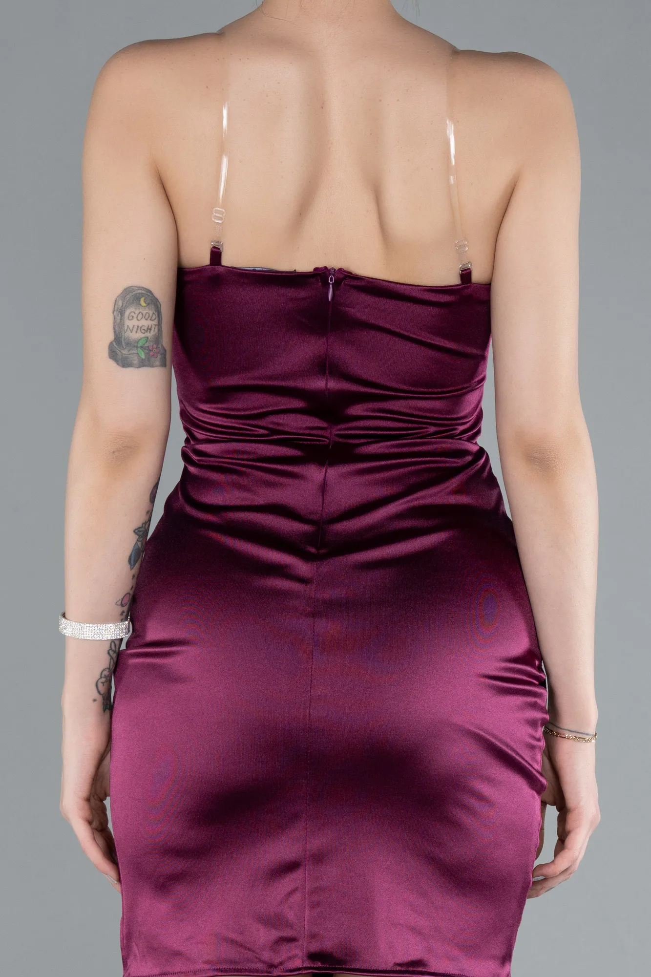 Fuchsia-Strapless Neck Mini Satin Party Dress ABK2289