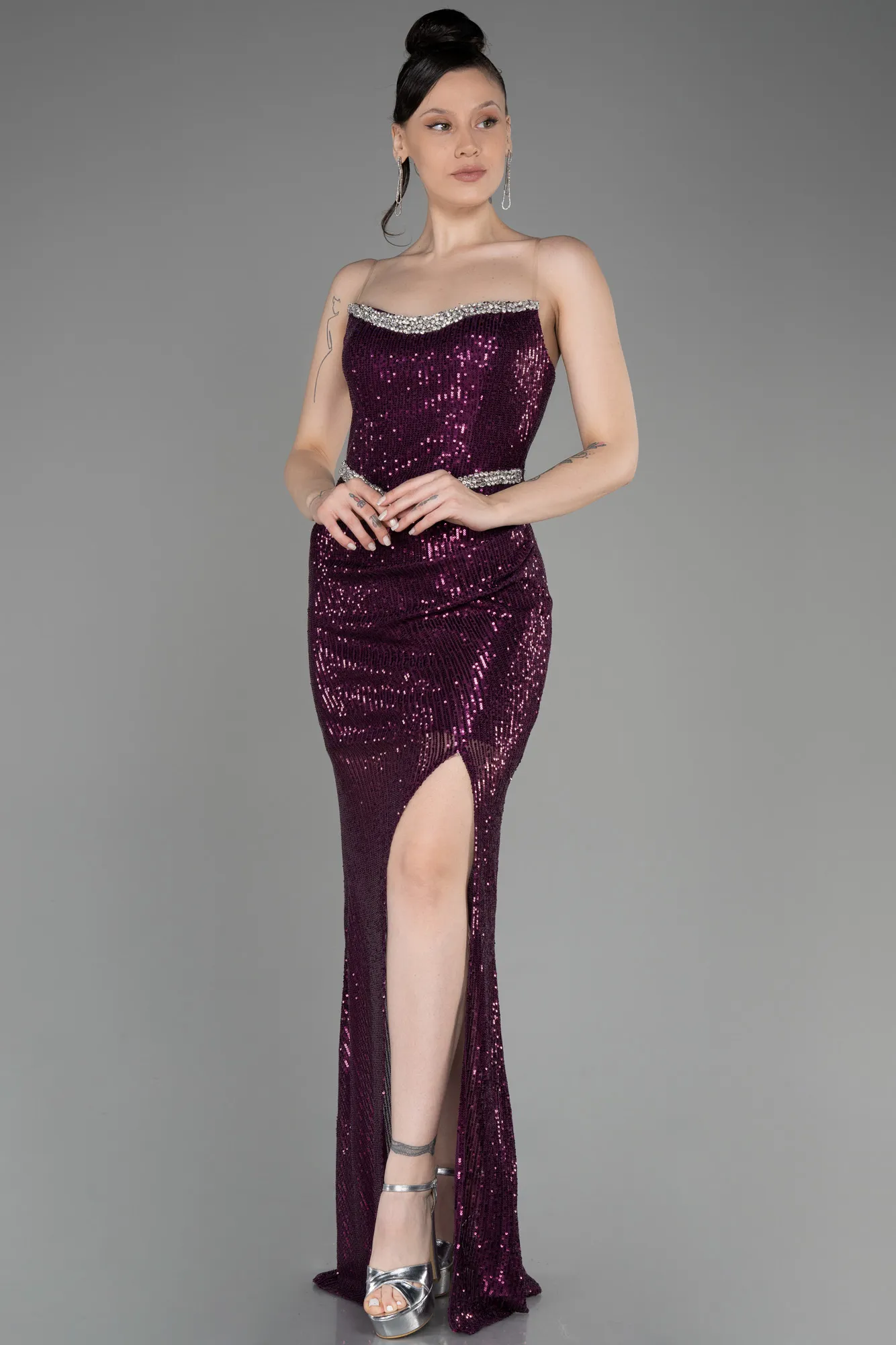 Fuchsia-Strapless Sequined Long Mermaid Evening Dress ABU3849