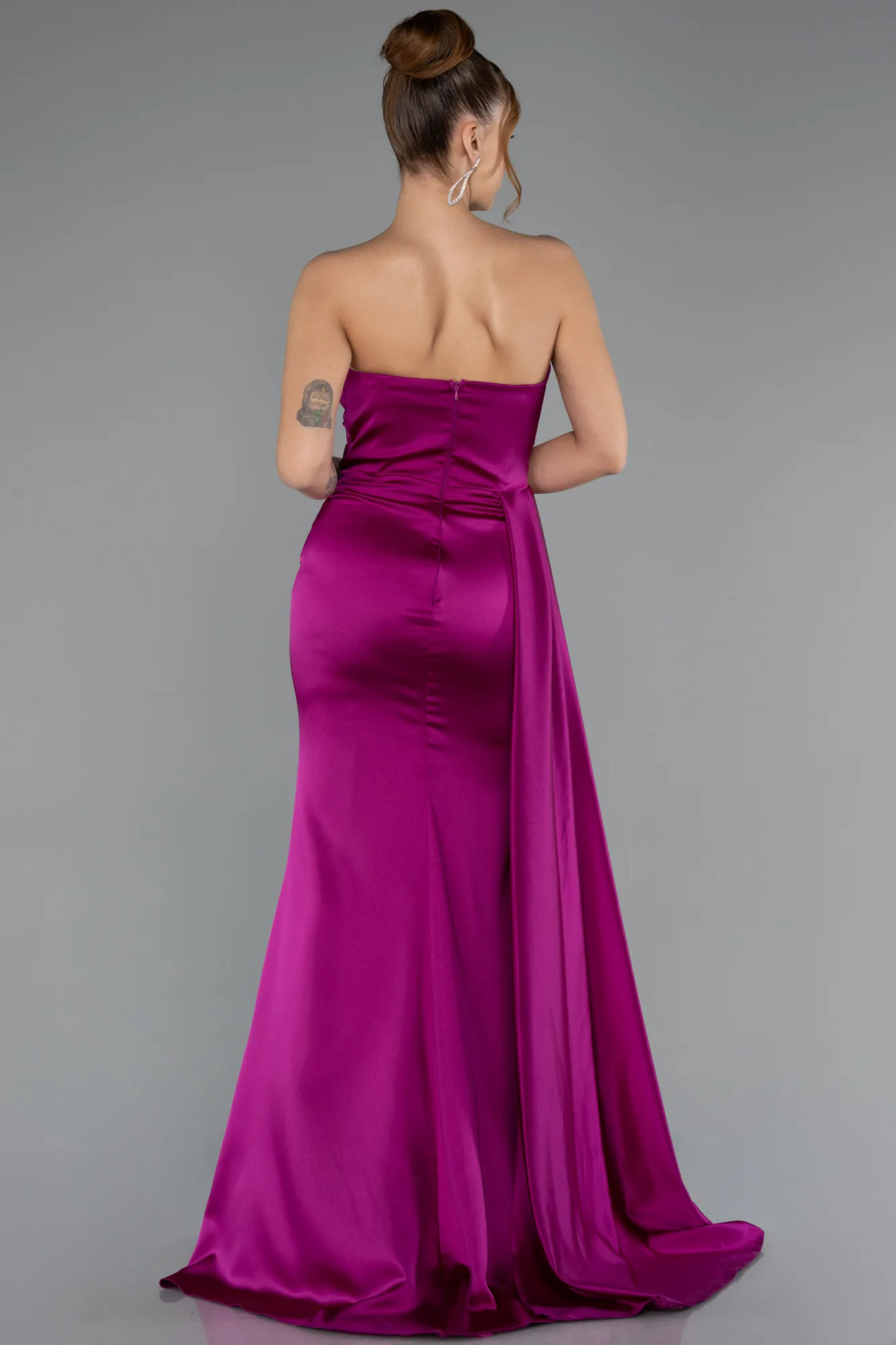 Fuchsia-Strapless Side Slit Satin Evening Gown ABU4841