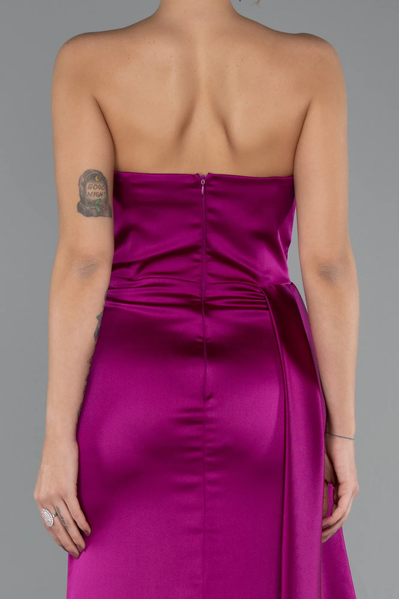 Fuchsia-Strapless Side Slit Satin Evening Gown ABU4841