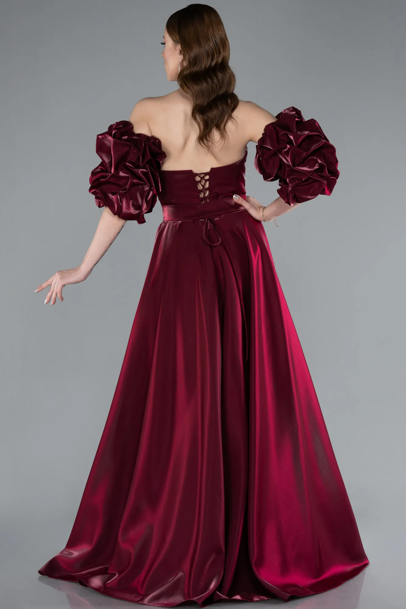 Fuchsia-Strapless Sleeve Accessorized Long Taffeta Prom Dress ABU4845