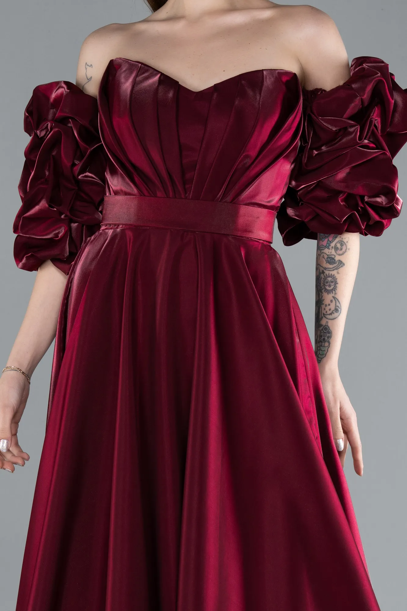 Fuchsia-Strapless Sleeve Accessorized Long Taffeta Prom Dress ABU4845