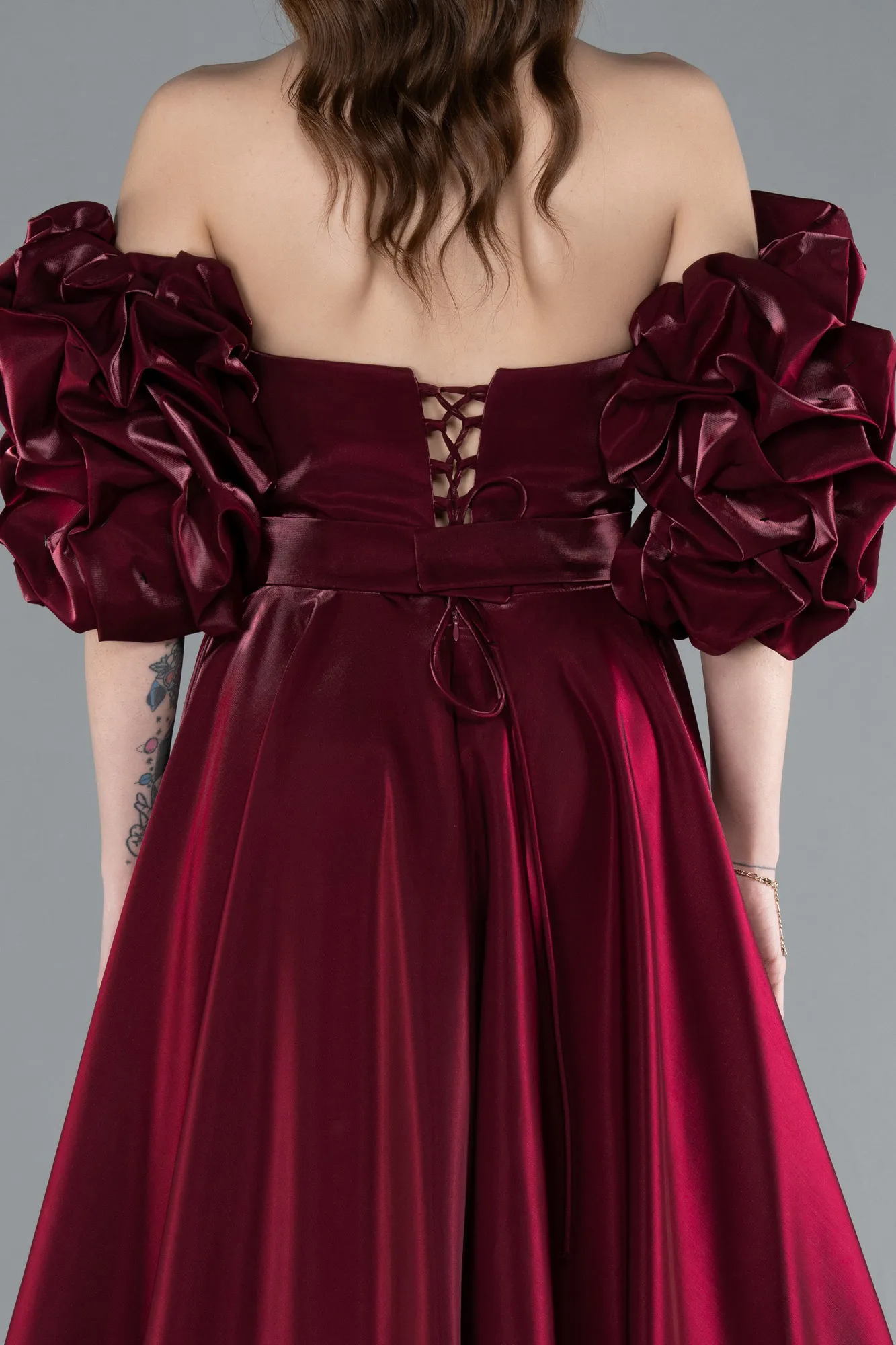 Fuchsia-Strapless Sleeve Accessorized Long Taffeta Prom Dress ABU4845