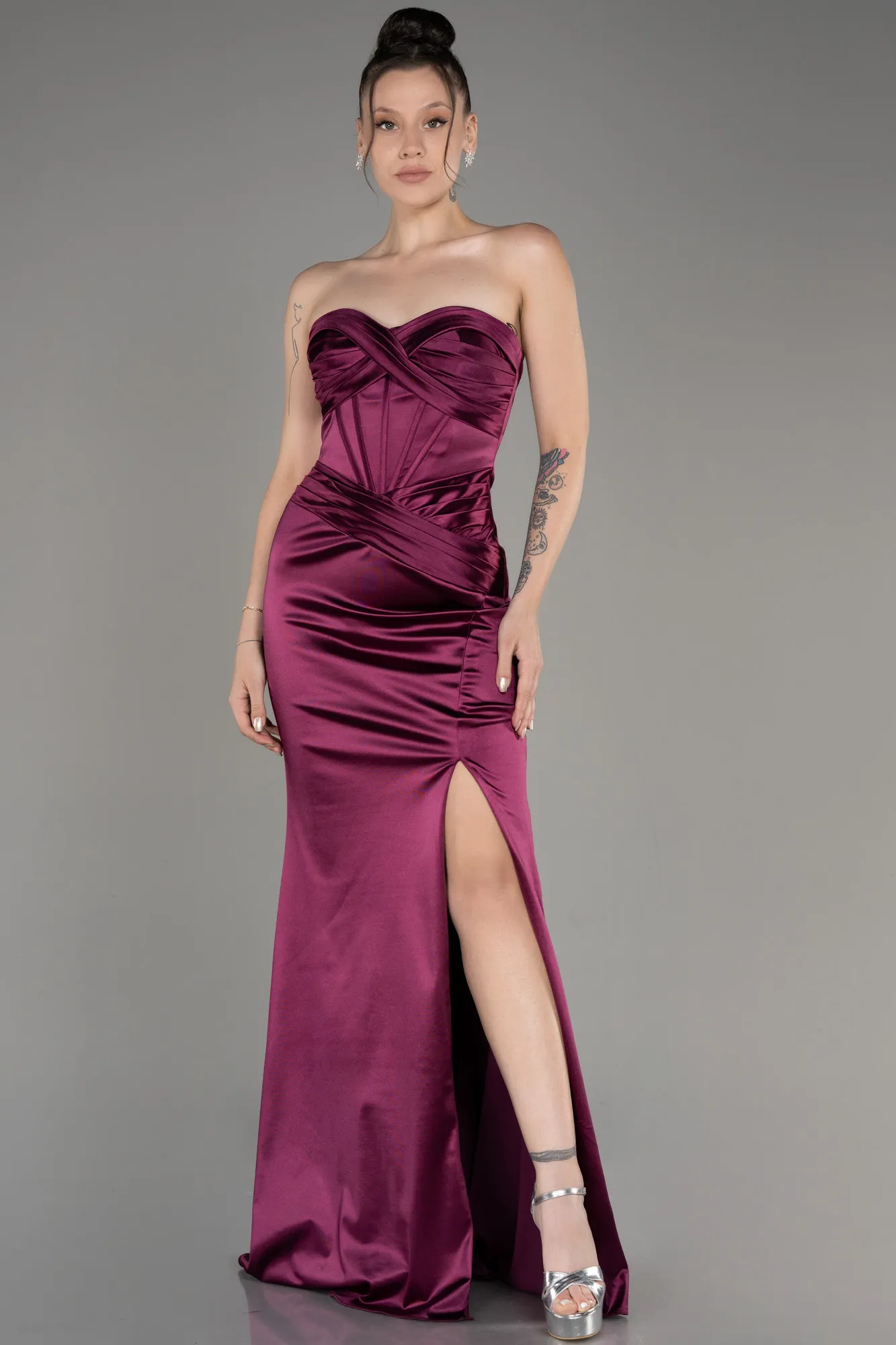 Fuchsia-Strapless Slit Long Satin Prom Dress ABU3979