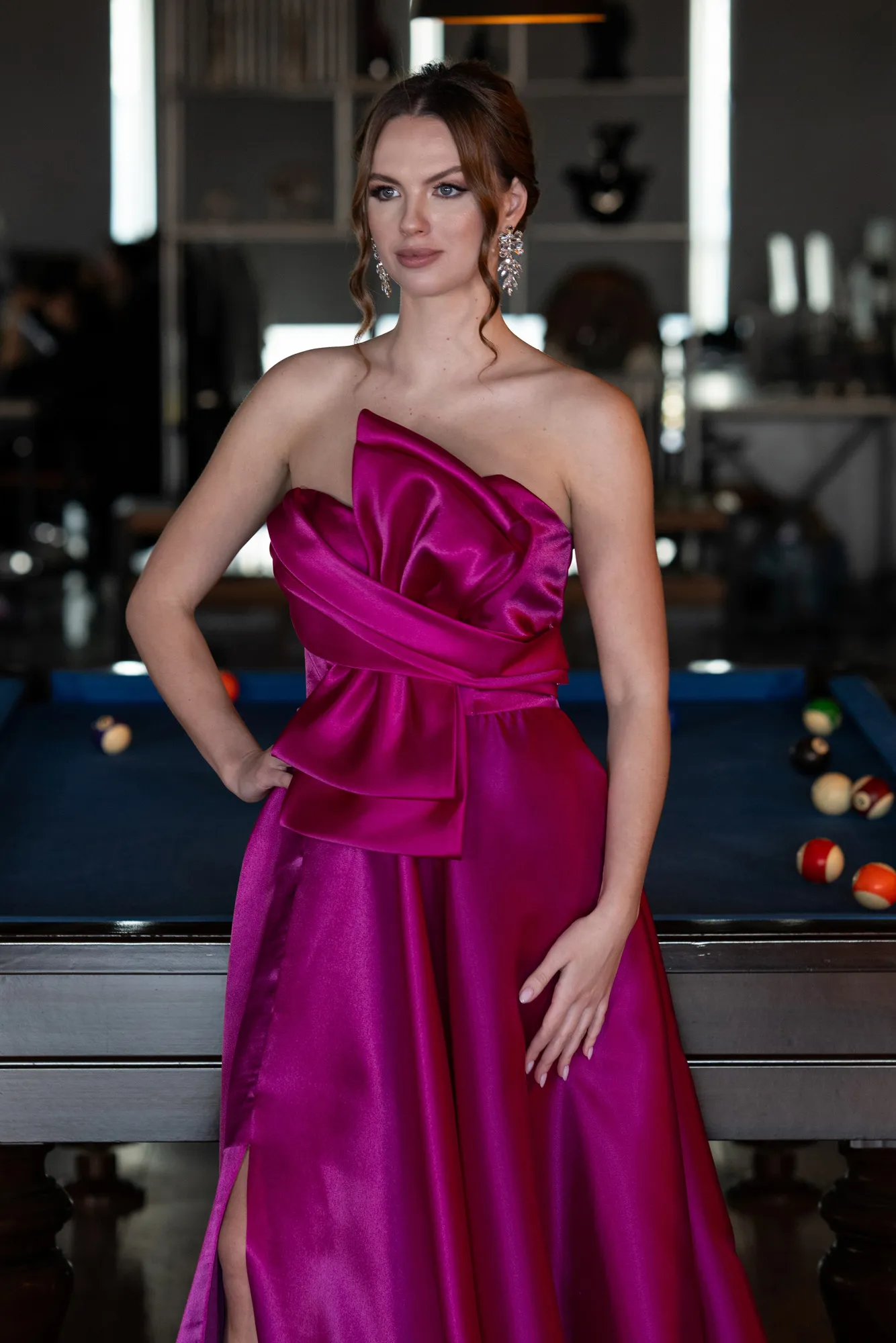 Fuchsia-Strapless Slit Long Satin Prom Dress ABU4680