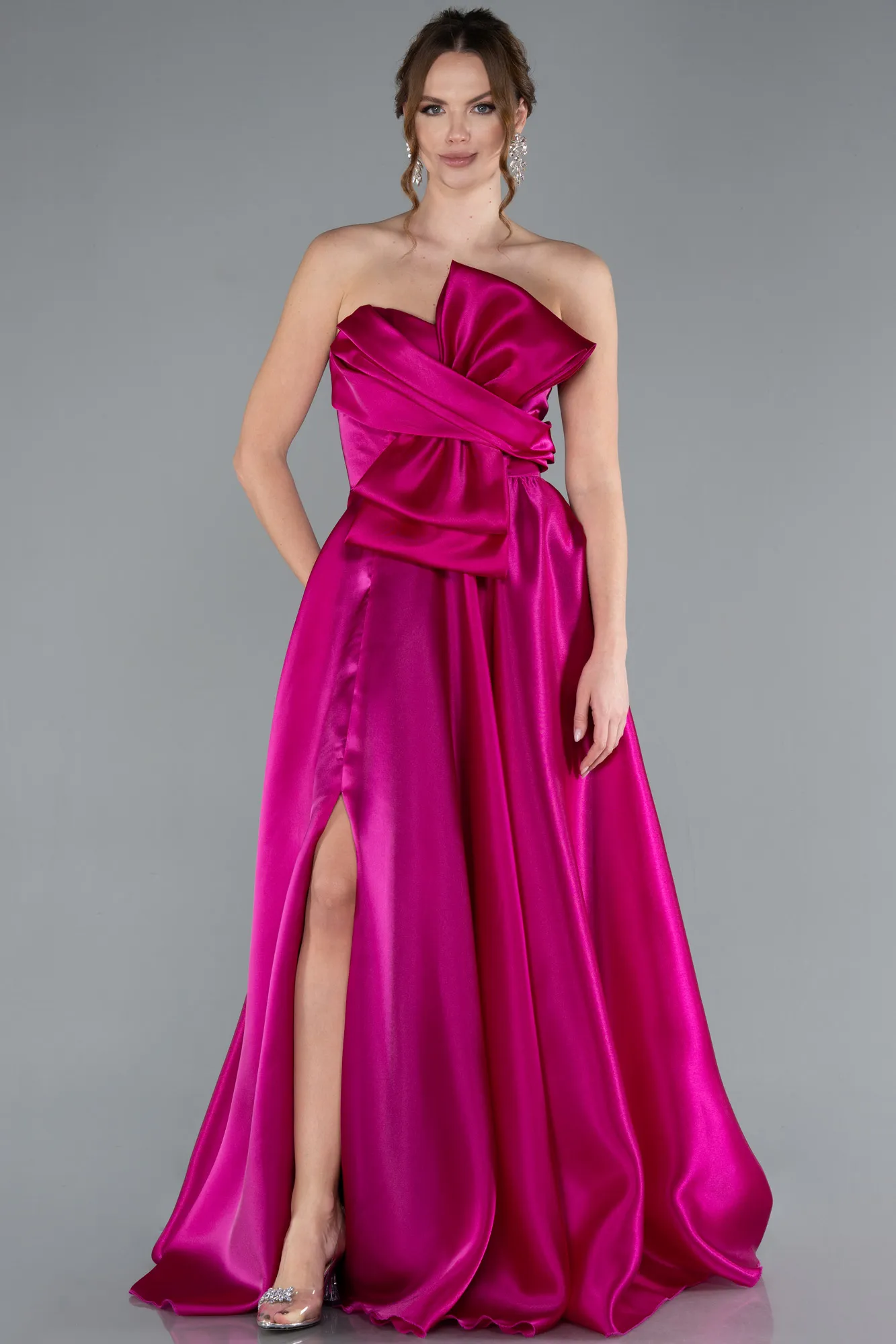 Fuchsia-Strapless Slit Long Satin Prom Dress ABU4680
