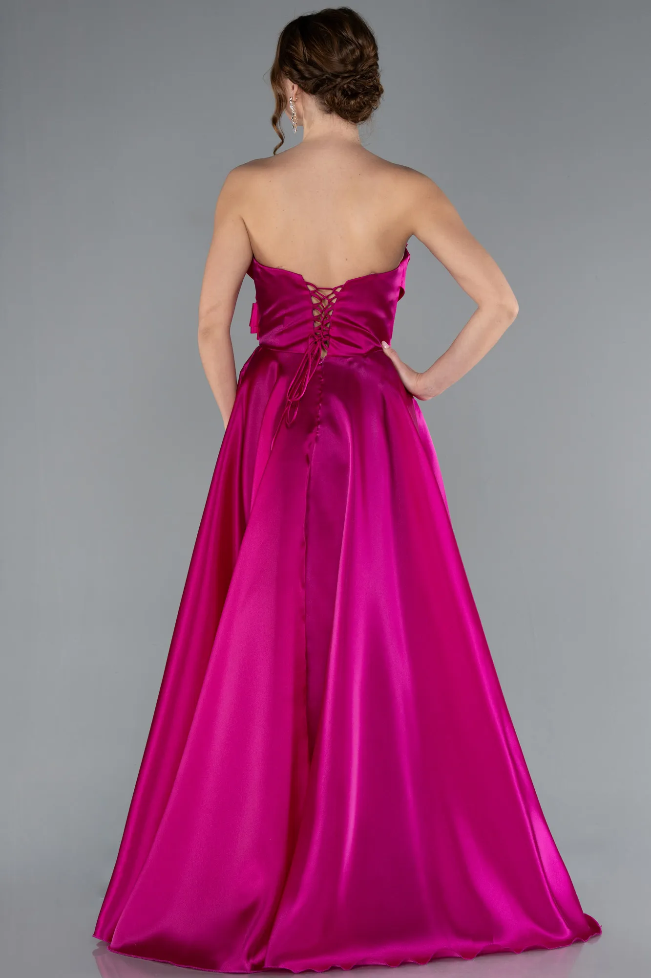 Fuchsia-Strapless Slit Long Satin Prom Dress ABU4680