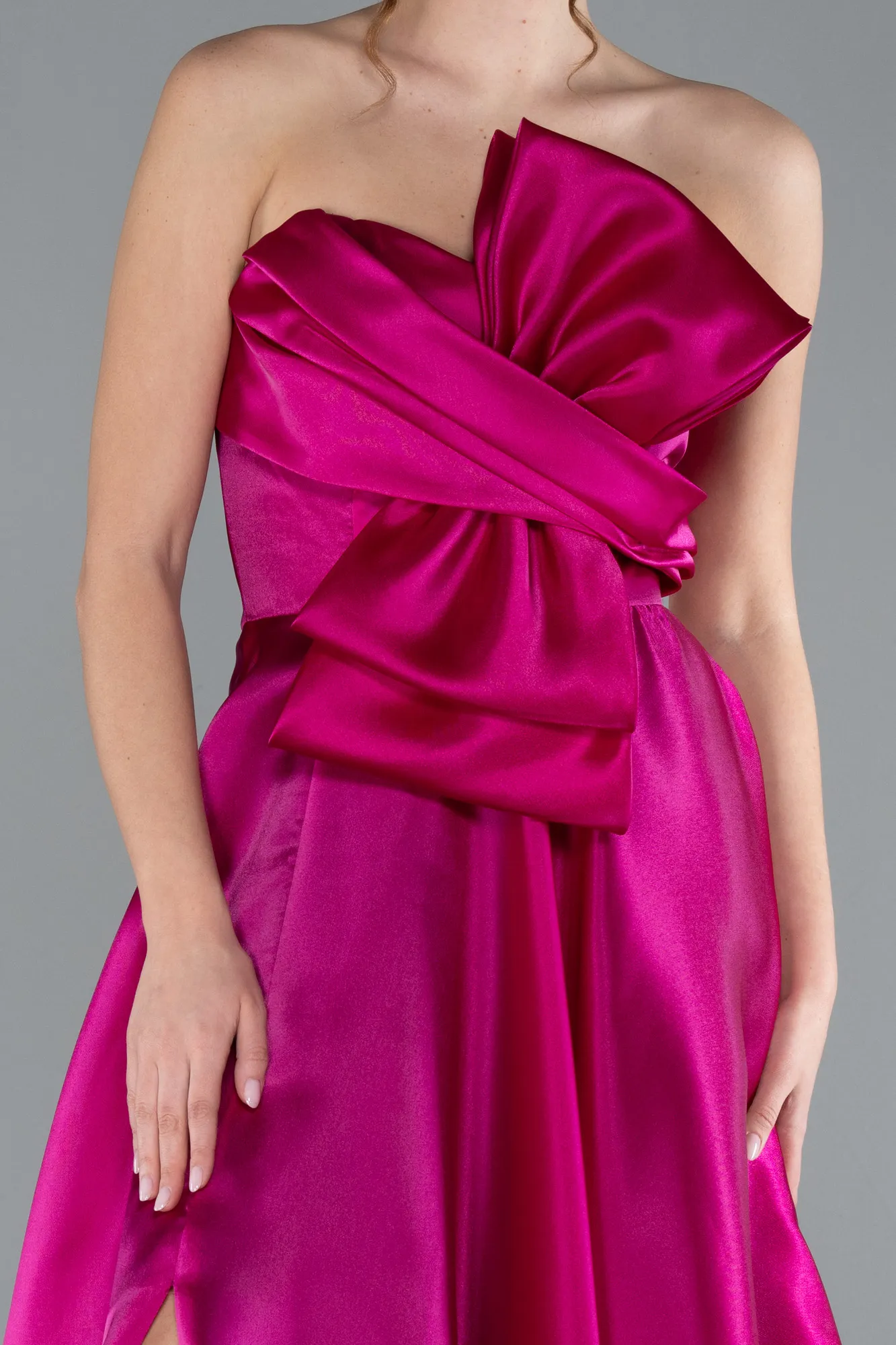 Fuchsia-Strapless Slit Long Satin Prom Dress ABU4680