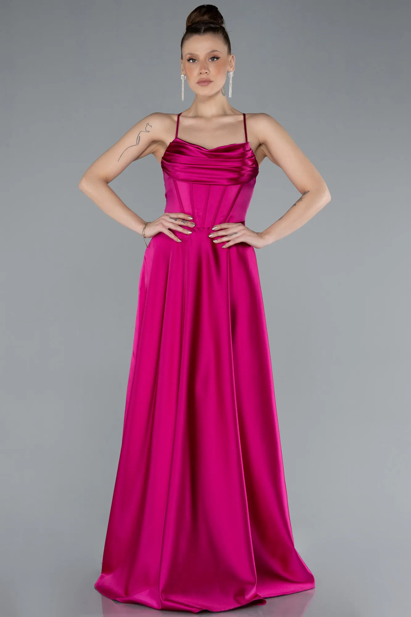 Fuchsia-Strappy Long Satin Prom Dress ABU4684