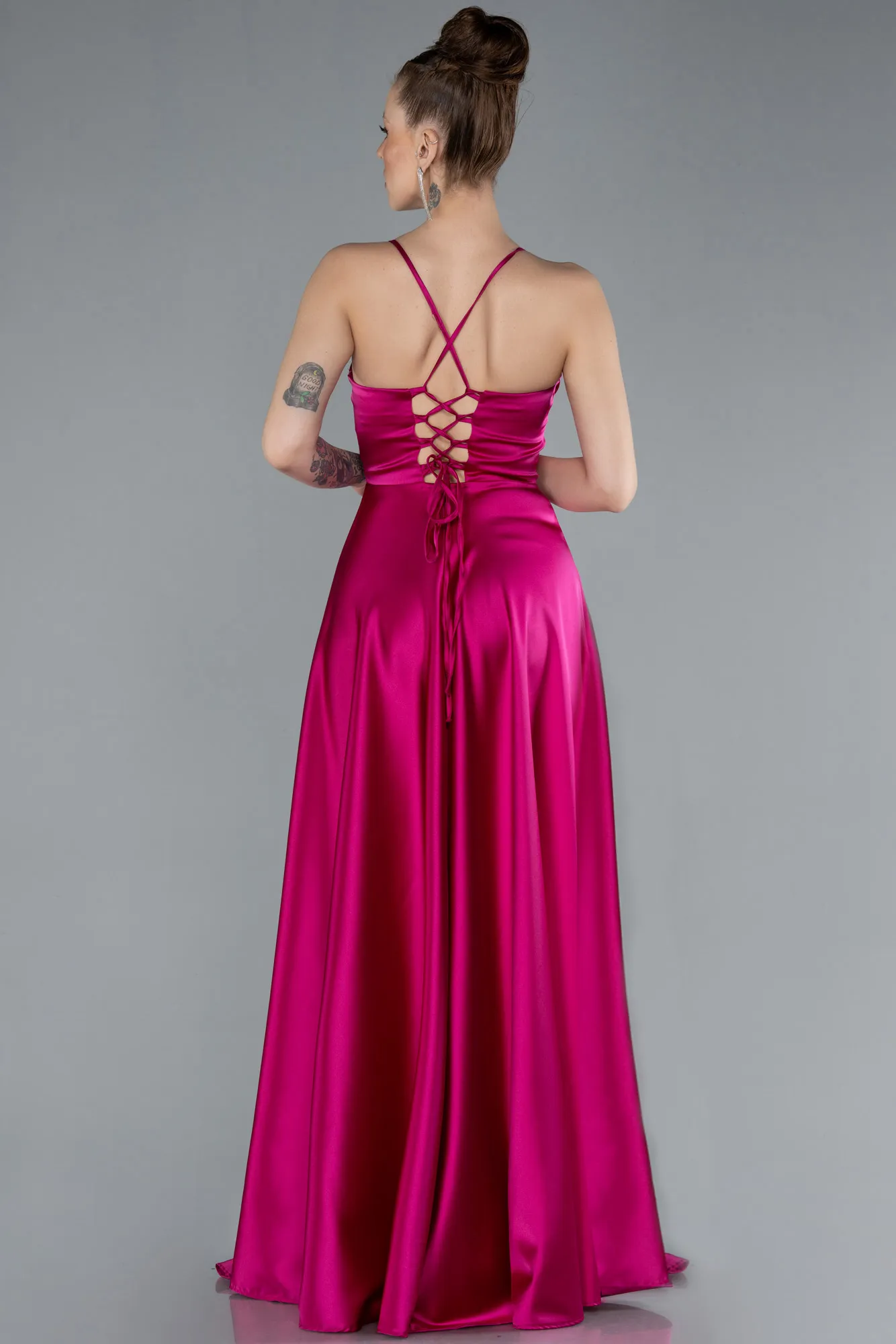 Fuchsia-Strappy Long Satin Prom Dress ABU4684