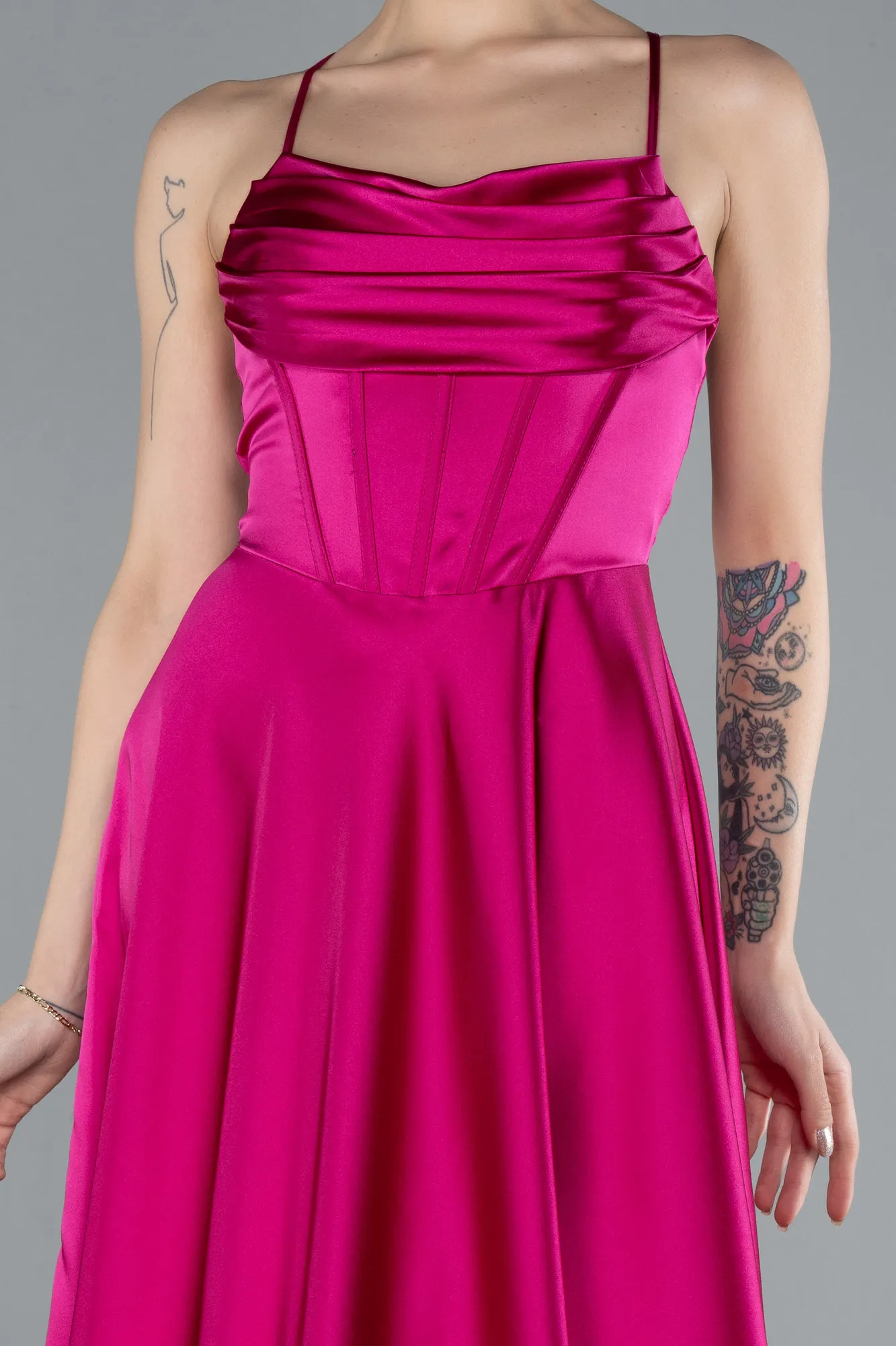 Fuchsia-Strappy Long Satin Prom Dress ABU4684