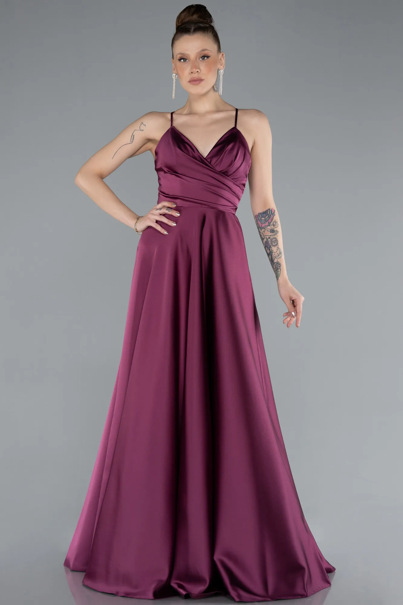 Fuchsia-Strappy Long Satin Prom Gown ABU3610