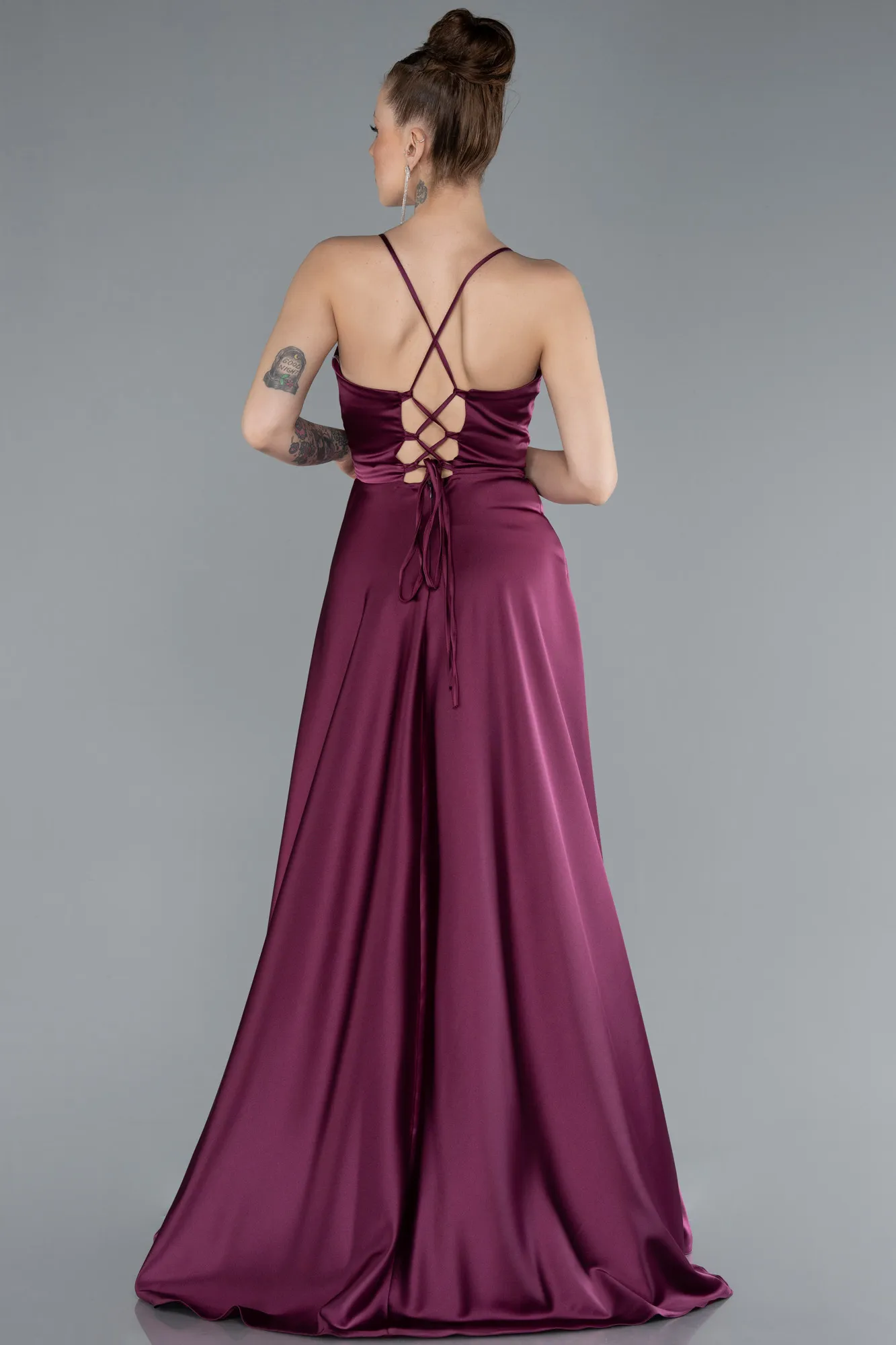Fuchsia-Strappy Long Satin Prom Gown ABU3610