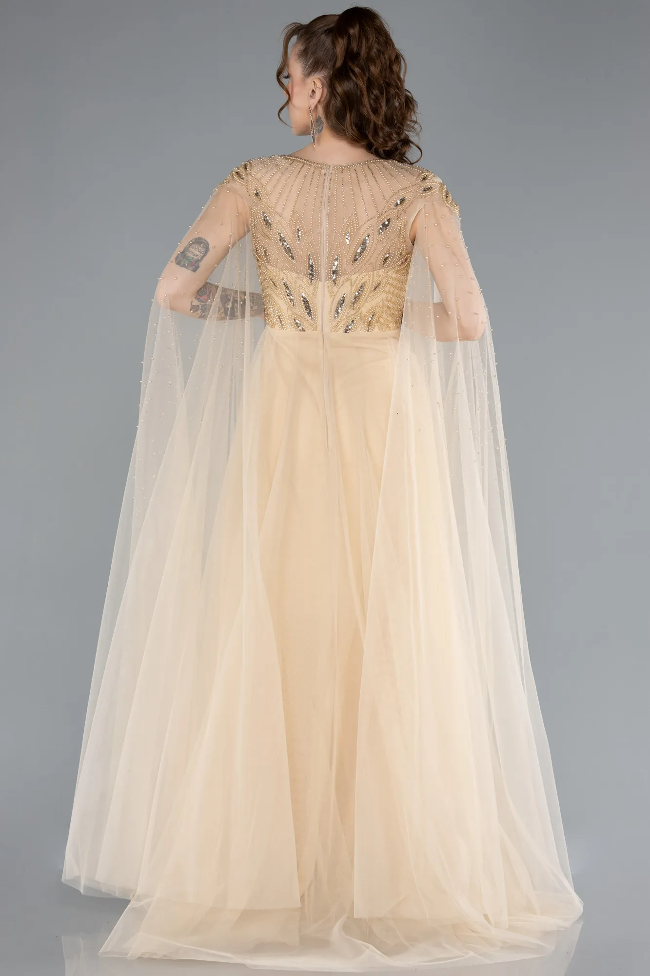 Gold-Beaded Cape Long Haute Couture Dress ABU4707
