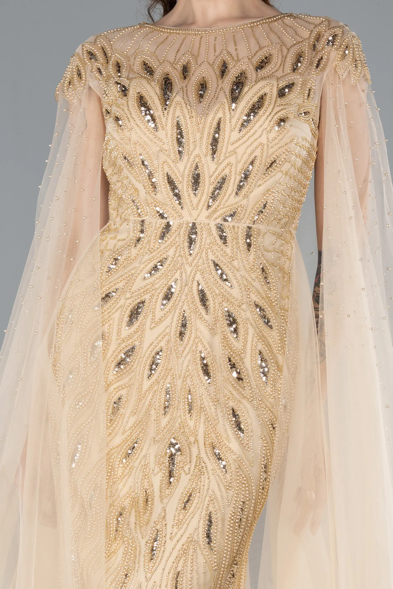 Gold-Beaded Cape Long Haute Couture Dress ABU4707