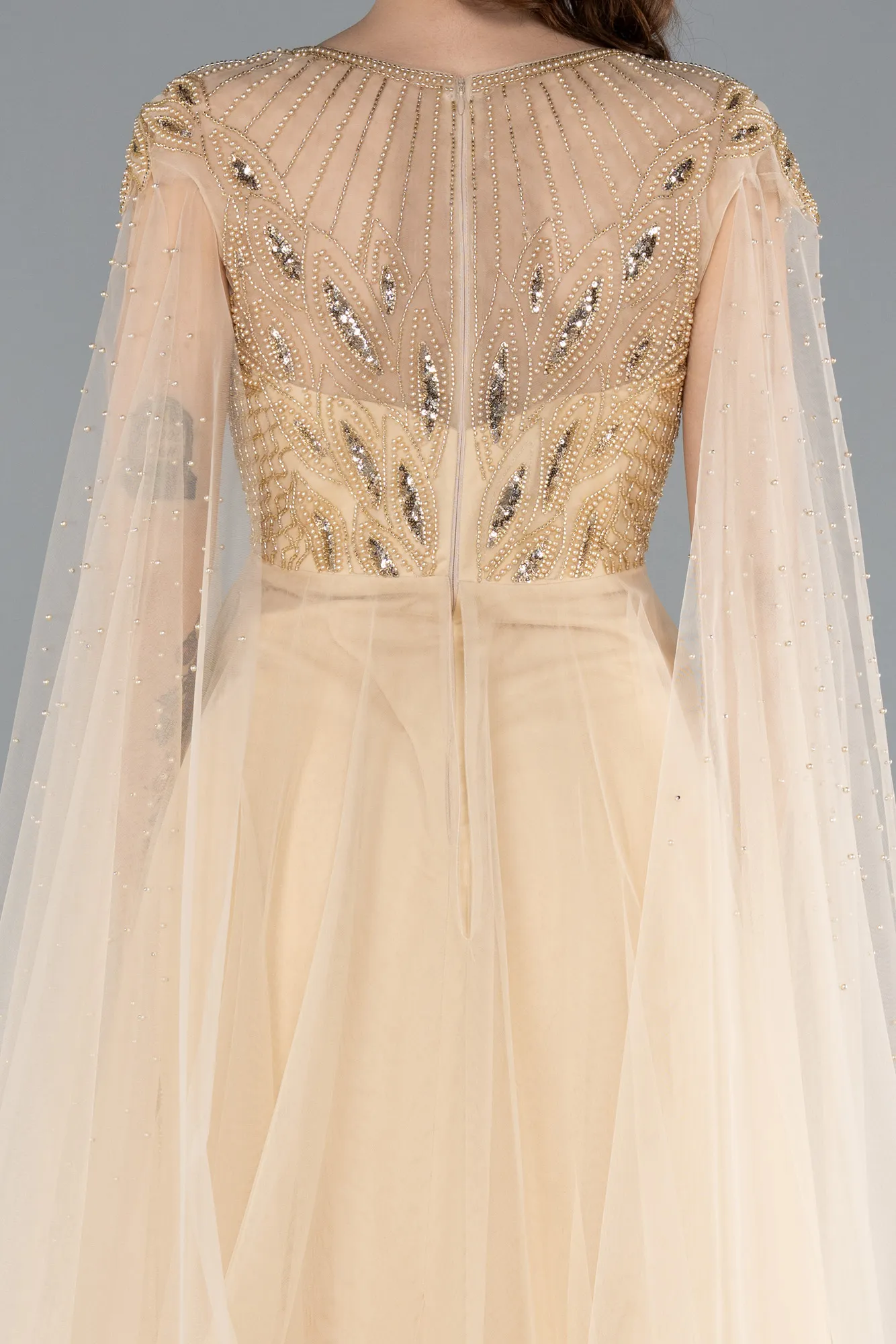 Gold-Beaded Cape Long Haute Couture Dress ABU4707