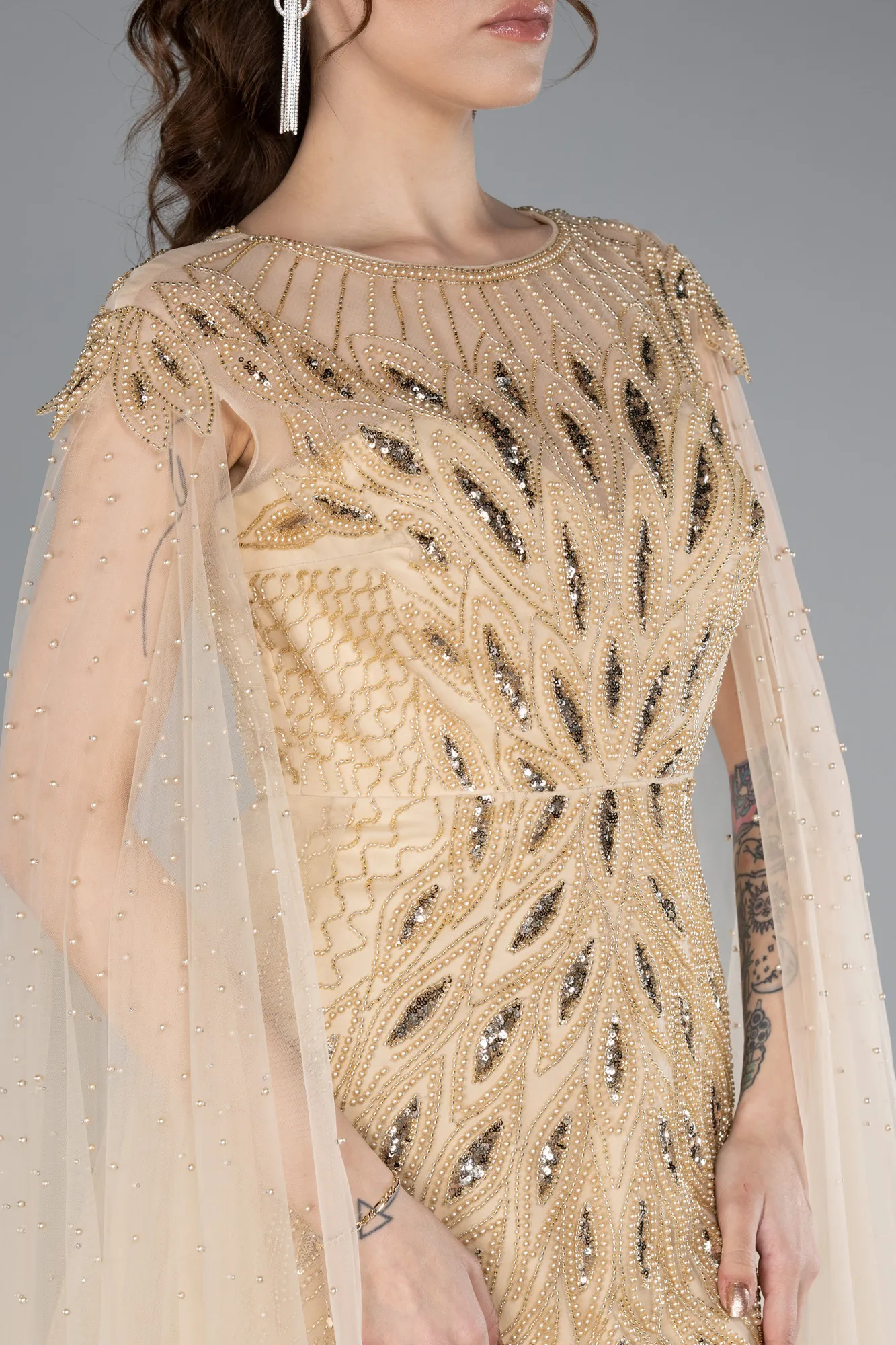 Gold-Beaded Cape Long Haute Couture Dress ABU4707