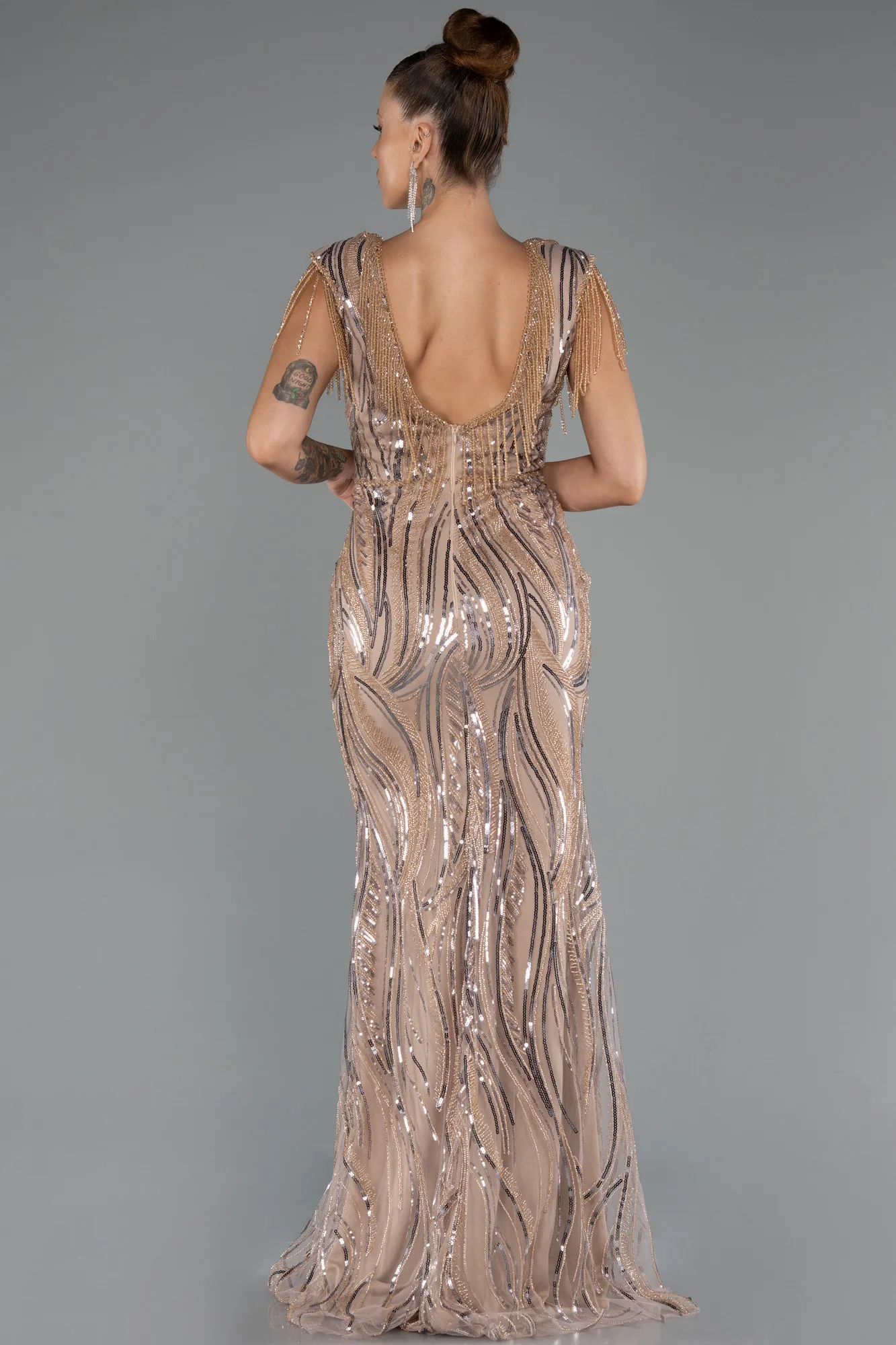 Gold-Beaded Detailed V Neck Long Sequined Evening Gown ABU5576