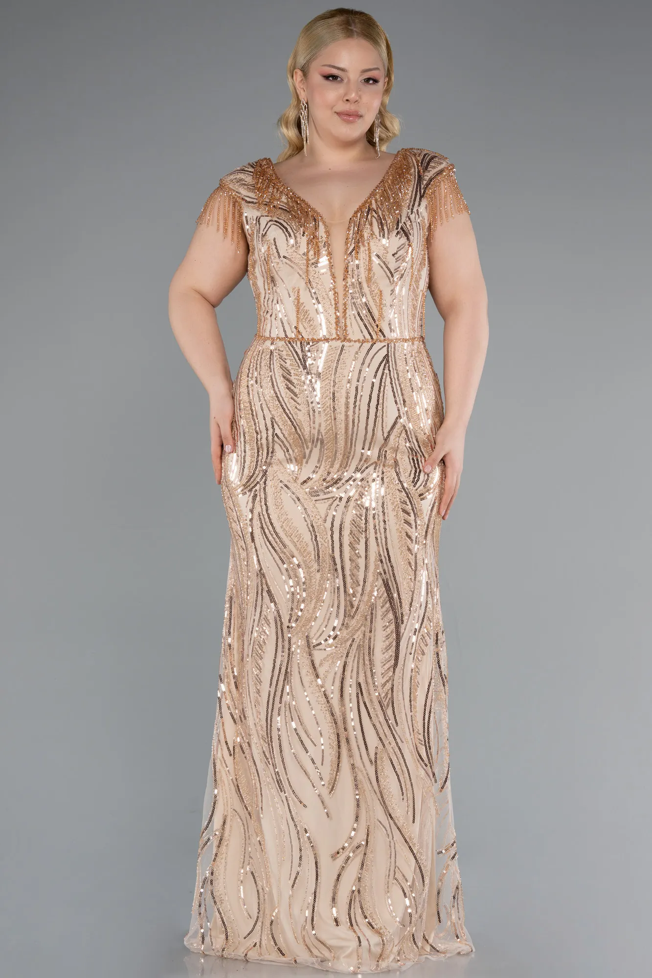 Gold-Beaded Detailed V Neck Long Sequined Plus Size Evening Gown ABU5577