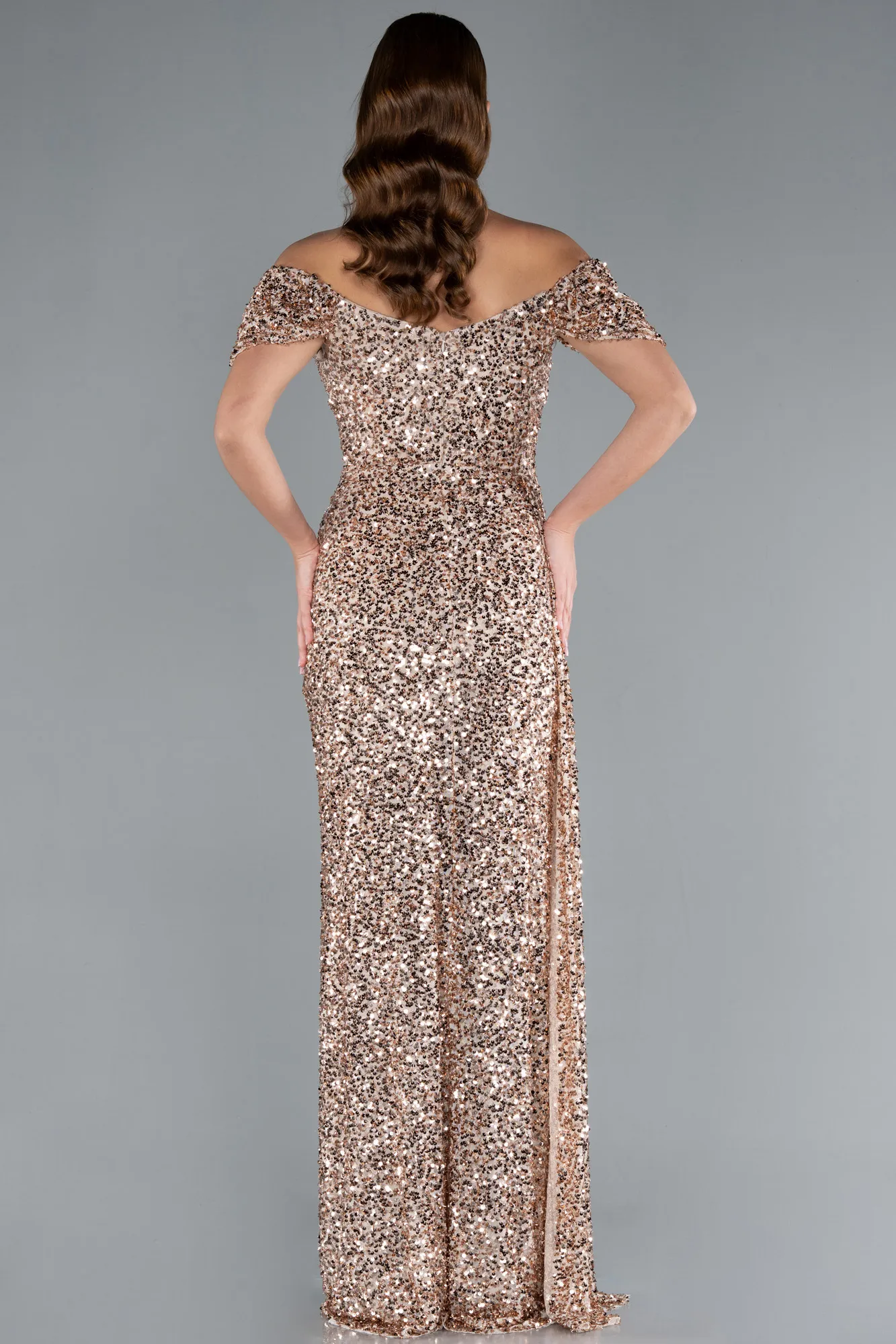 Gold-Boat Neck Slit Long Sequin Evening Gown ABU4843